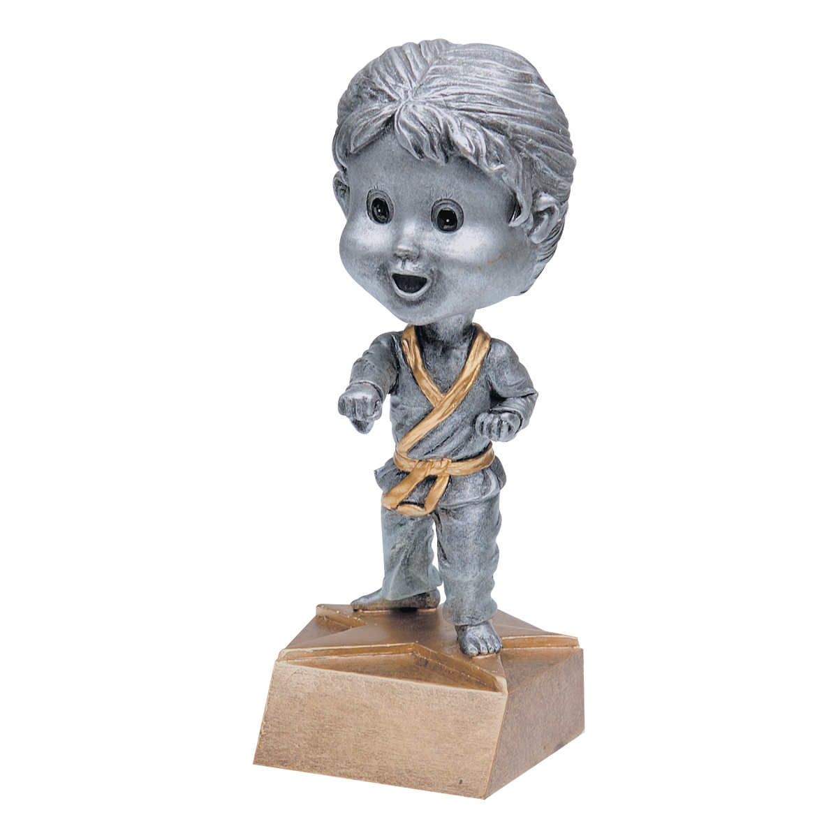 Karate bobblehead trophy with a silver young female student in a gi and gold belt on a tan base