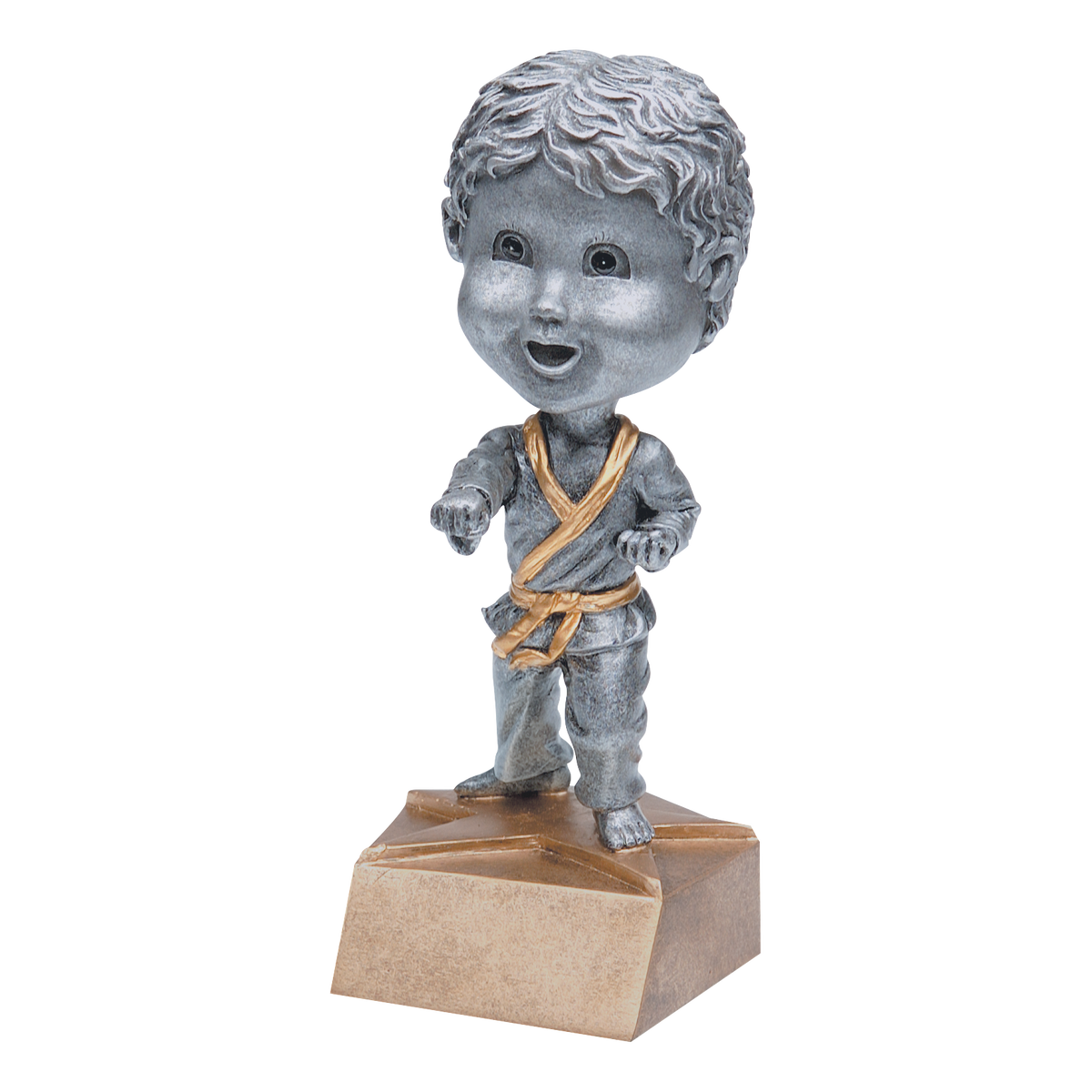 Karate bobblehead trophy with a silver young male student in a gi and gold belt on a tan base