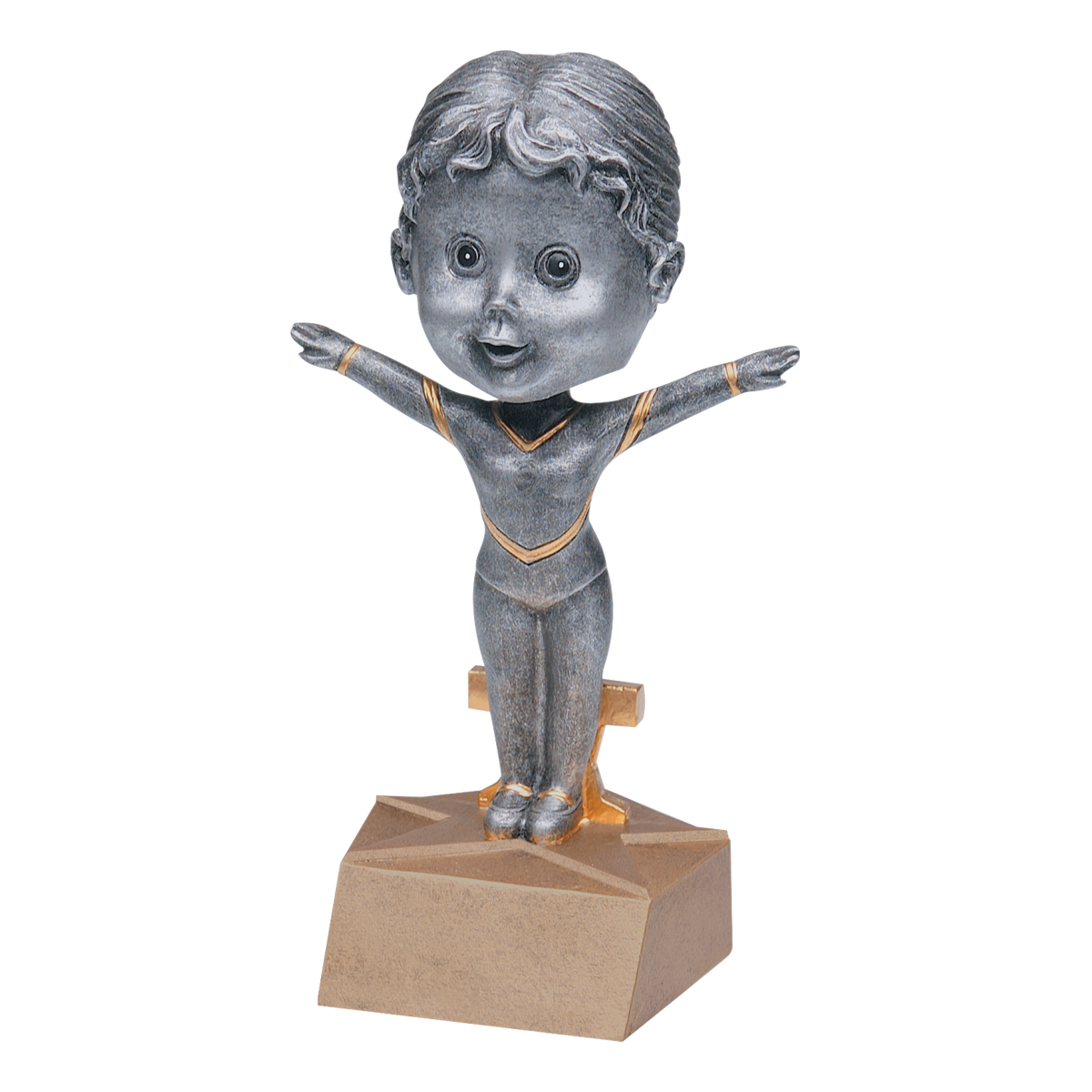 Gymnastics bobblehead trophy with a silver young gymnast in a leotard on a balance beam