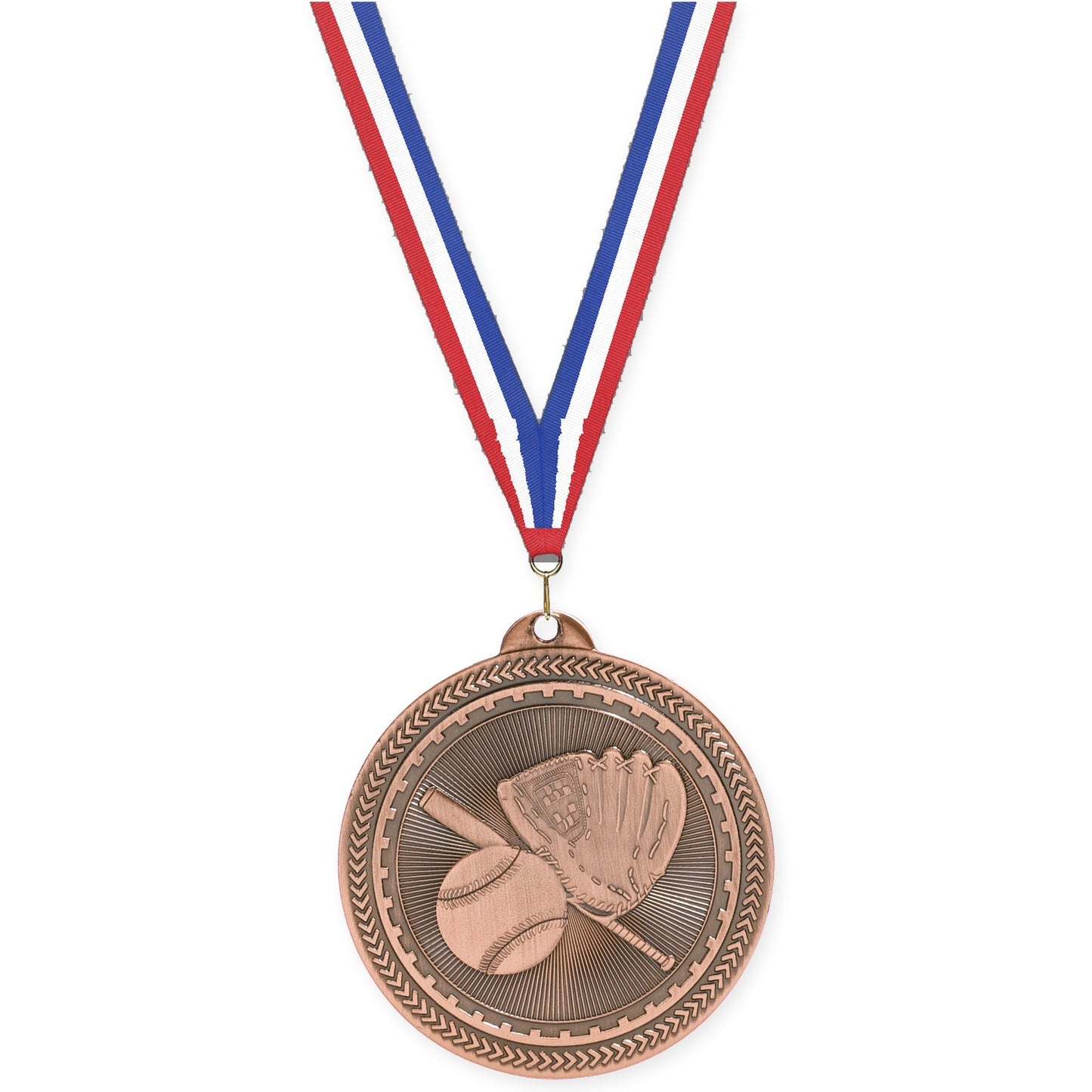 2 inch baseball and softball Sunburst medal in antique bronze with Red White Blue neck ribbon