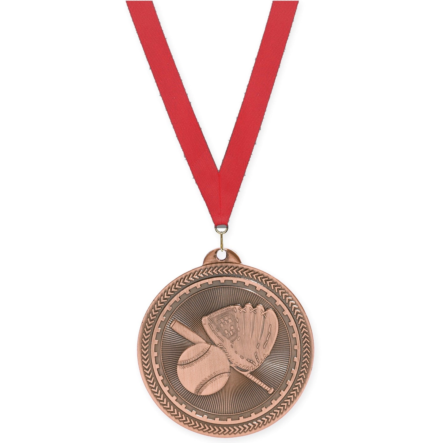 2 inch baseball and softball Sunburst medal in antique bronze with Red neck ribbon