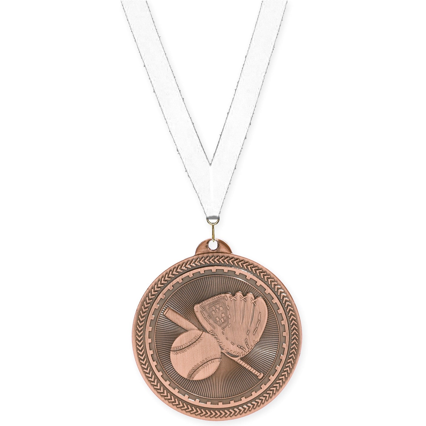 2 inch baseball and softball Sunburst medal in antique bronze with White neck ribbon