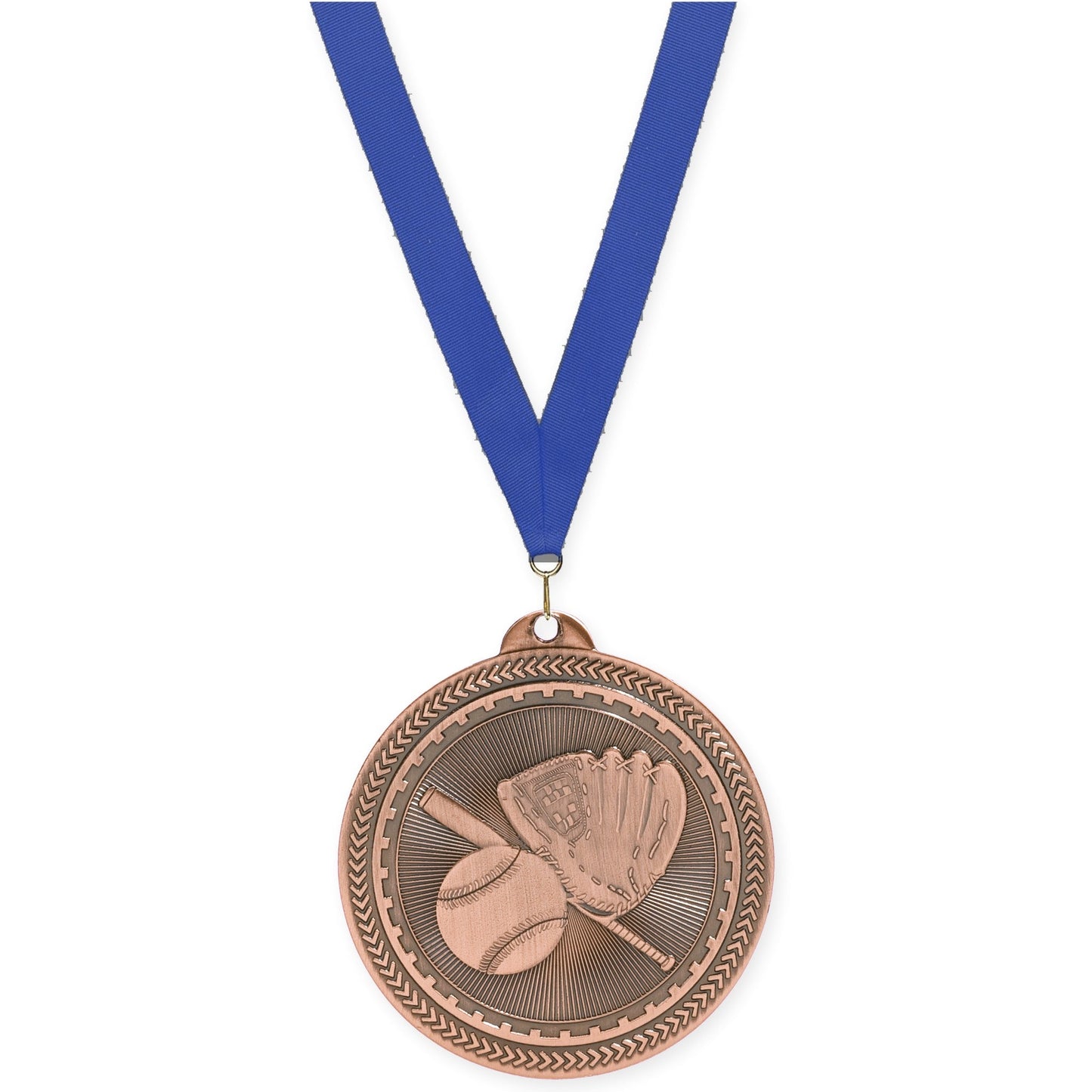 2 inch baseball and softball Sunburst medal in antique bronze with Blue neck ribbon
