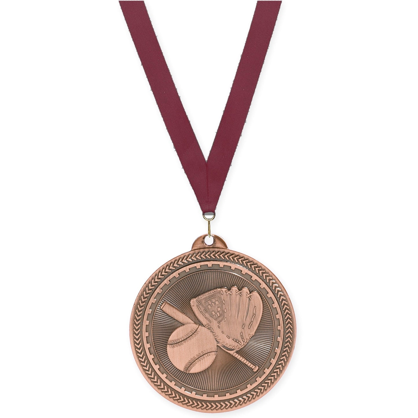 2 inch baseball and softball Sunburst medal in antique bronze with Maroon neck ribbon