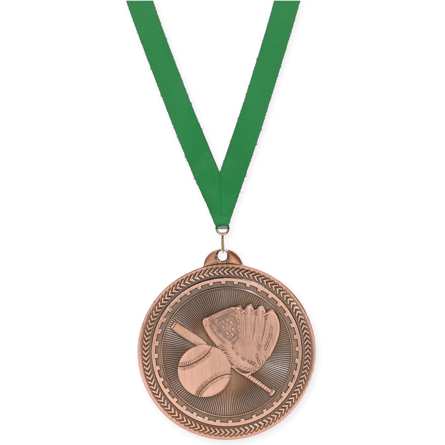 2 inch baseball and softball Sunburst medal in antique bronze with Green neck ribbon