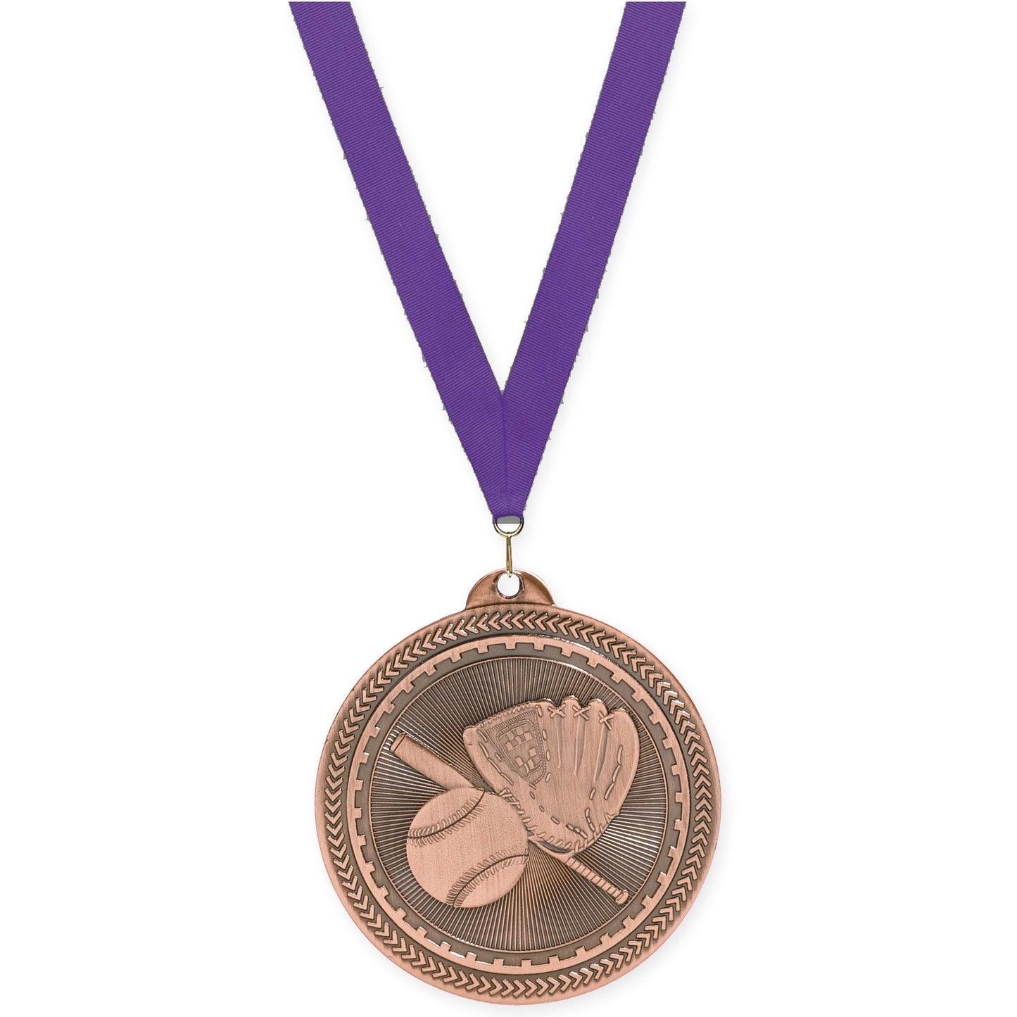 2 inch baseball and softball Sunburst medal in antique bronze with Purple neck ribbon