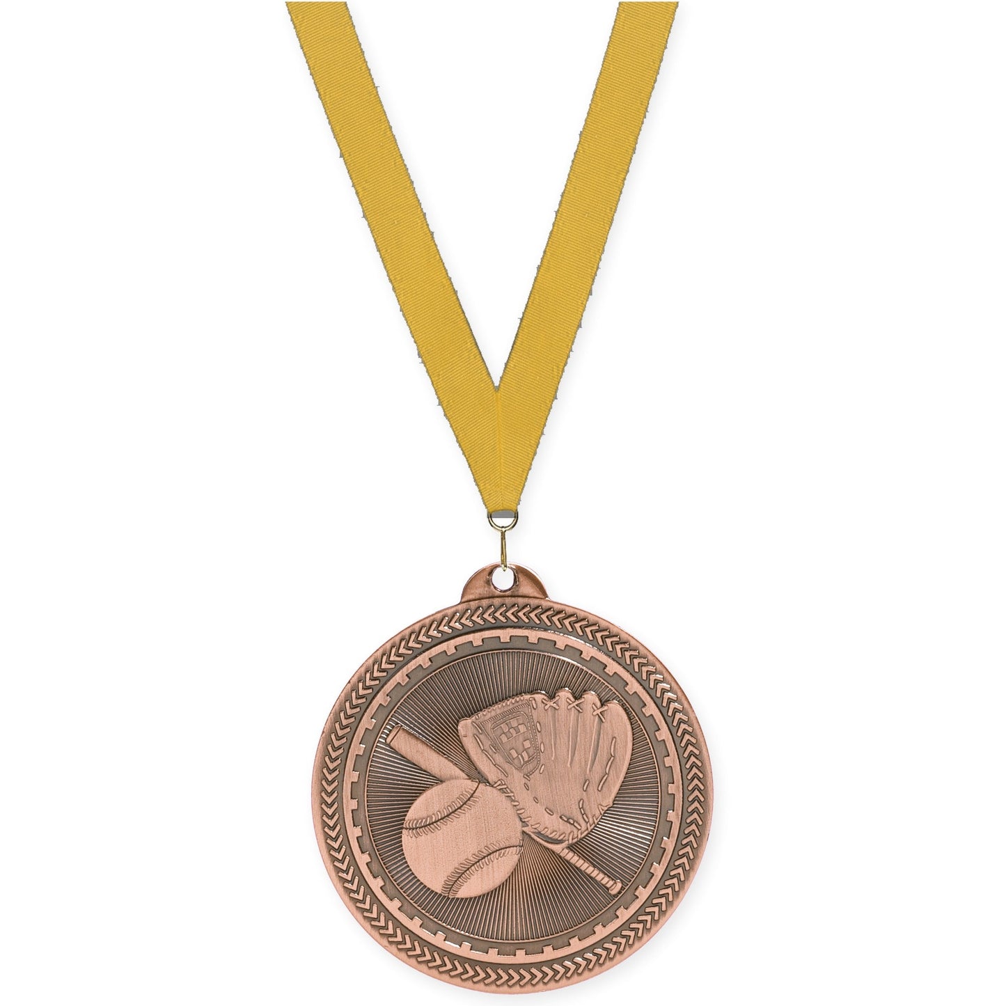 2 inch baseball and softball Sunburst medal in antique bronze with Gold neck ribbon
