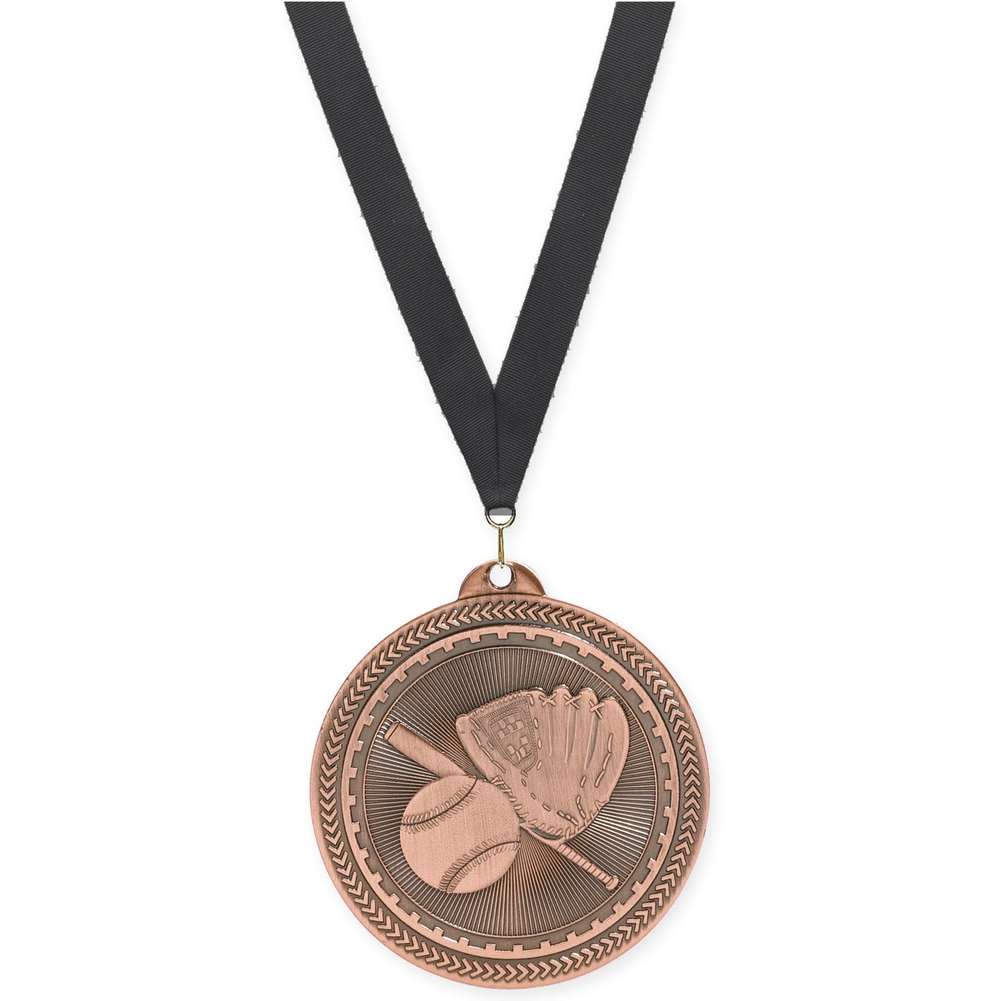 2 inch baseball and softball Sunburst medal in antique bronze with Black neck ribbon