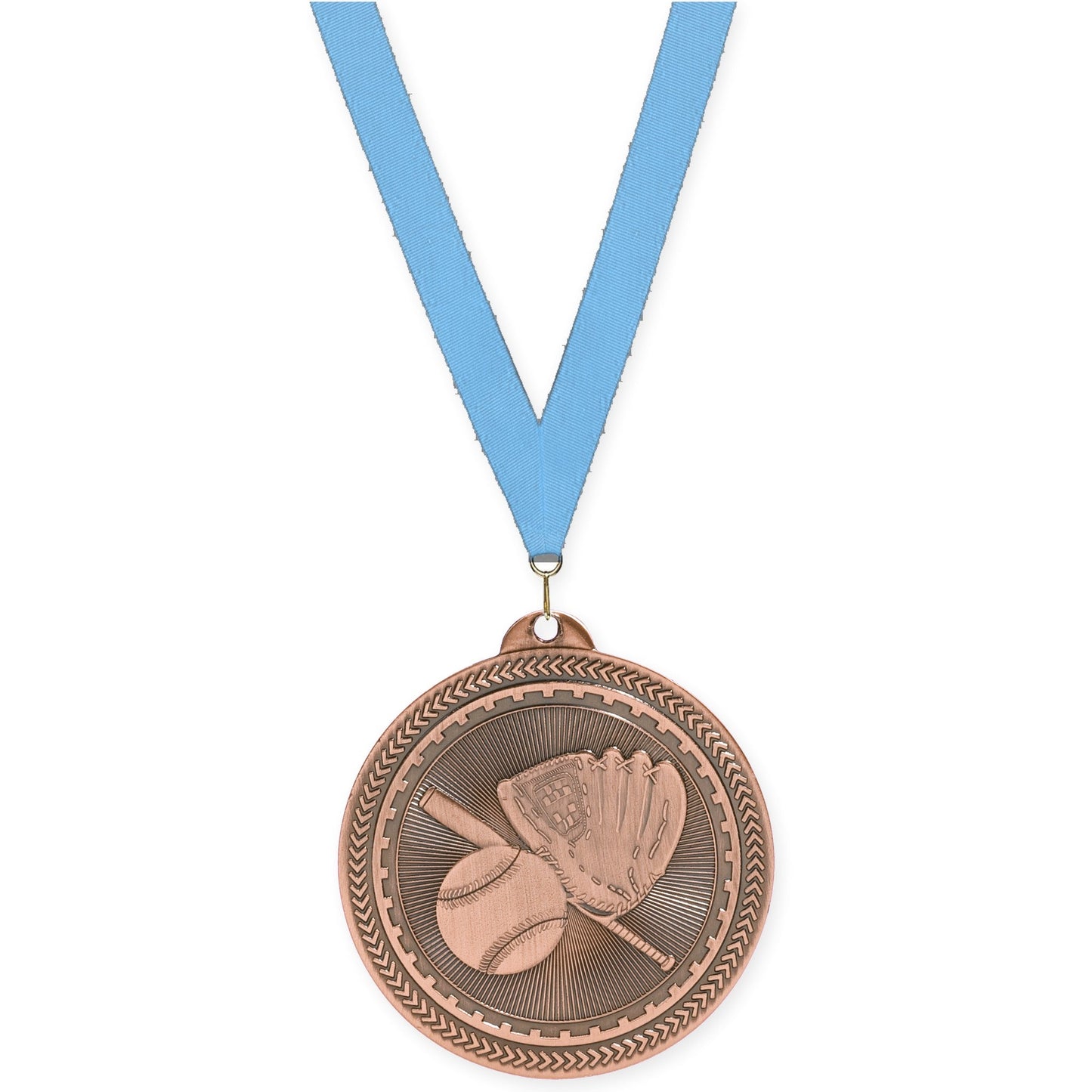 2 inch baseball and softball Sunburst medal in antique bronze with Light Blue neck ribbon