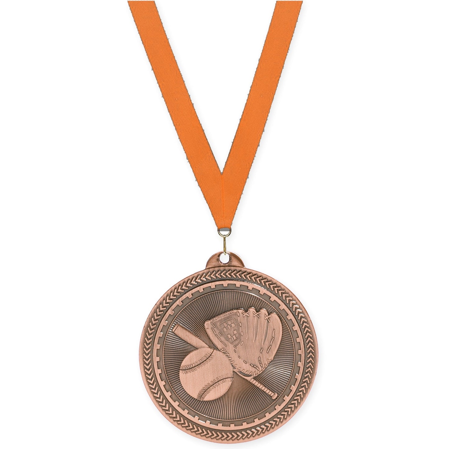 2 inch baseball and softball Sunburst medal in antique bronze with Orange neck ribbon