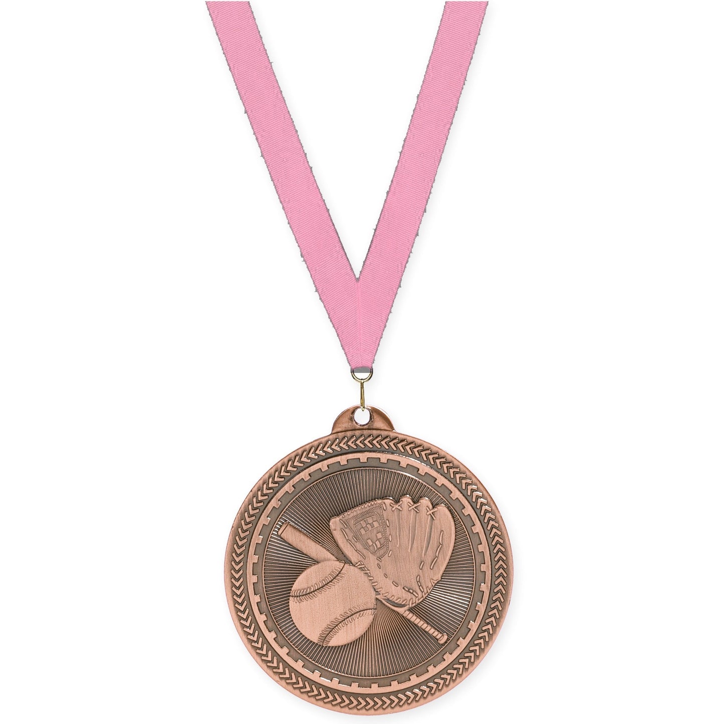 2 inch baseball and softball Sunburst medal in antique bronze with Pink neck ribbon