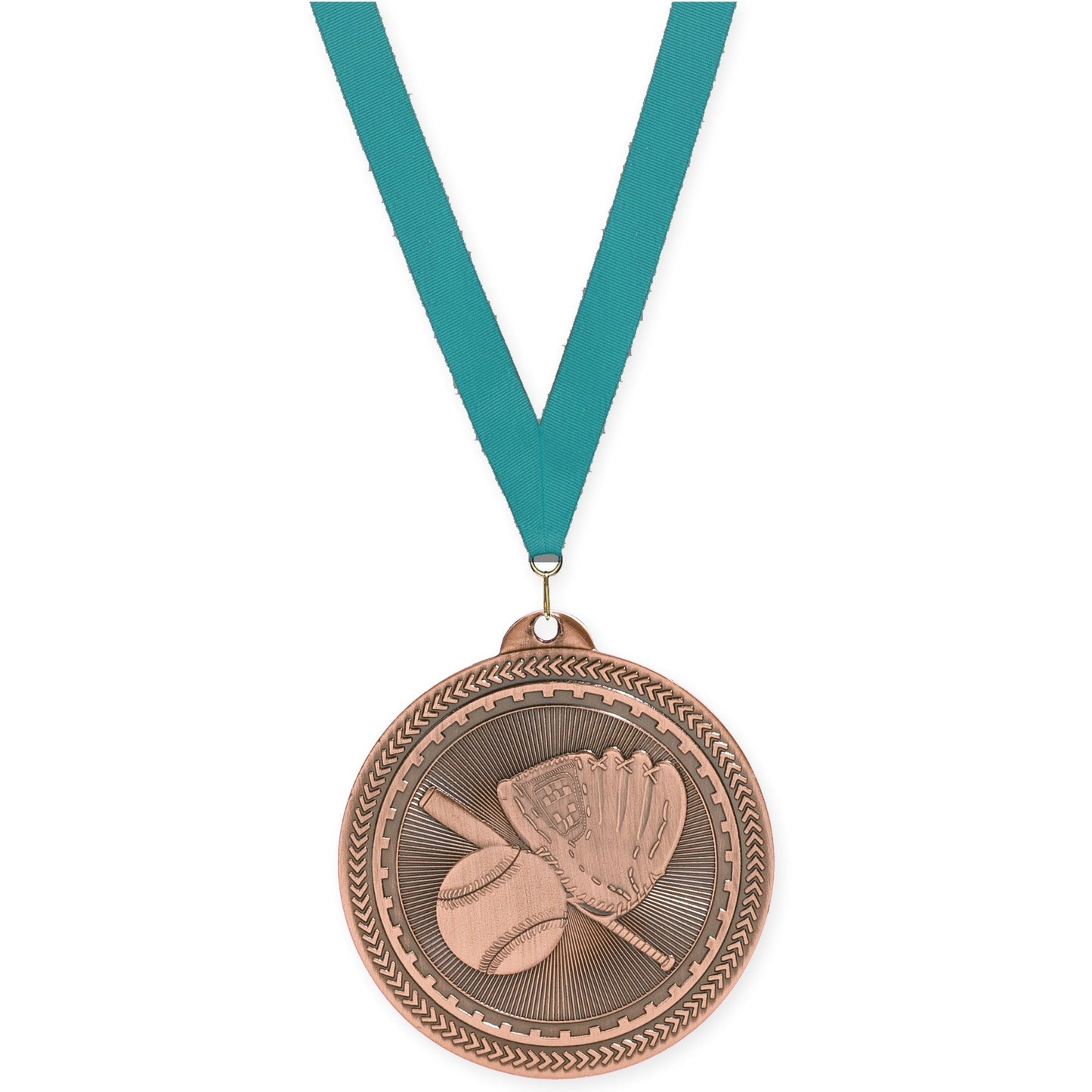 2 inch baseball and softball Sunburst medal in antique bronze with Teal neck ribbon