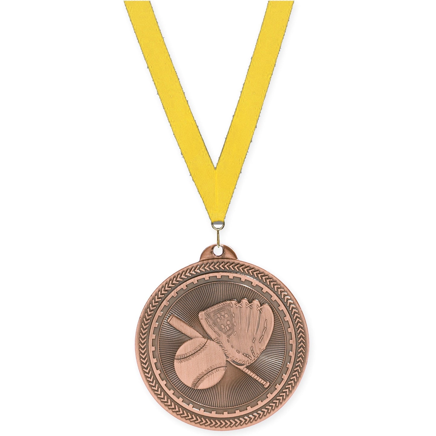 2 inch baseball and softball Sunburst medal in antique bronze with Yellow neck ribbon