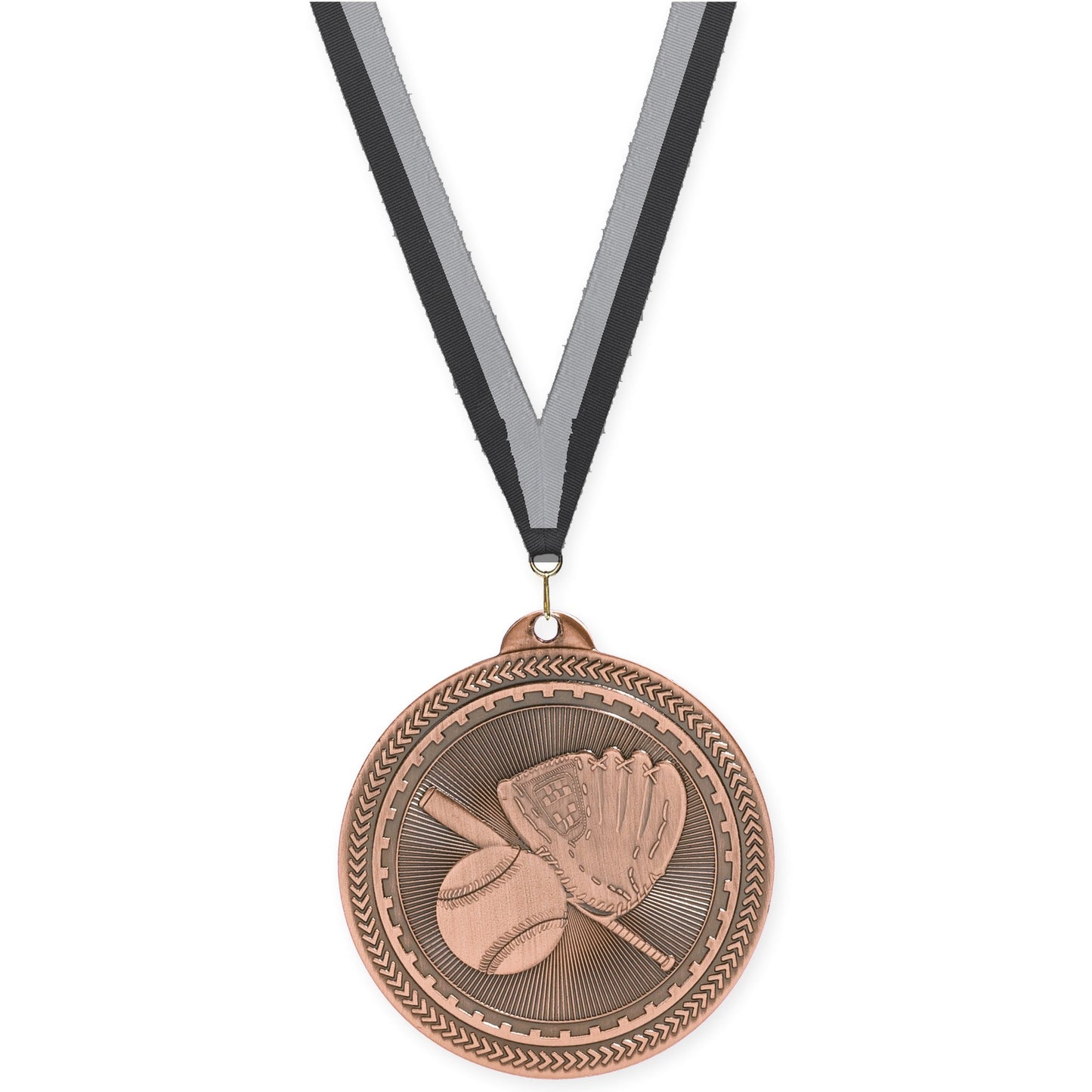 2 inch baseball and softball Sunburst medal in antique bronze with Black Gray neck ribbon