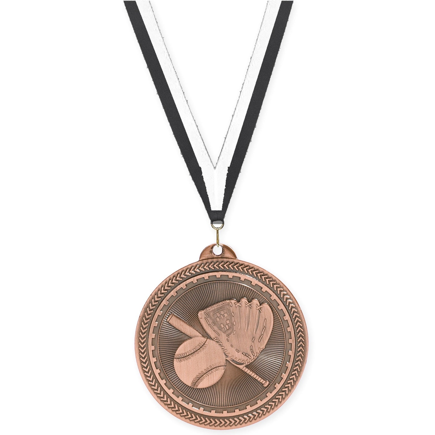 2 inch baseball and softball Sunburst medal in antique bronze with Black White neck ribbon