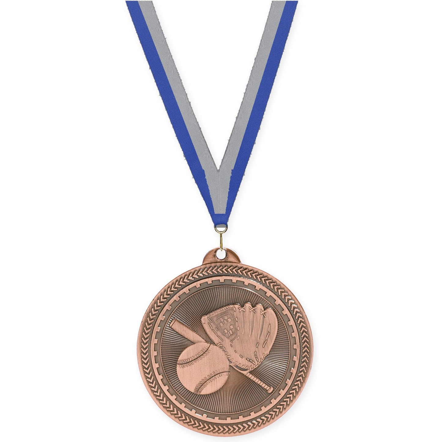 2 inch baseball and softball Sunburst medal in antique bronze with Blue Gray neck ribbon