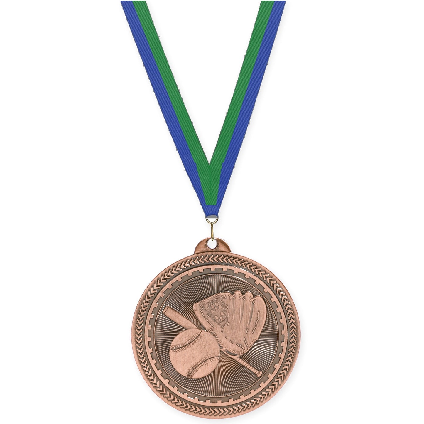 2 inch baseball and softball Sunburst medal in antique bronze with Blue Green neck ribbon