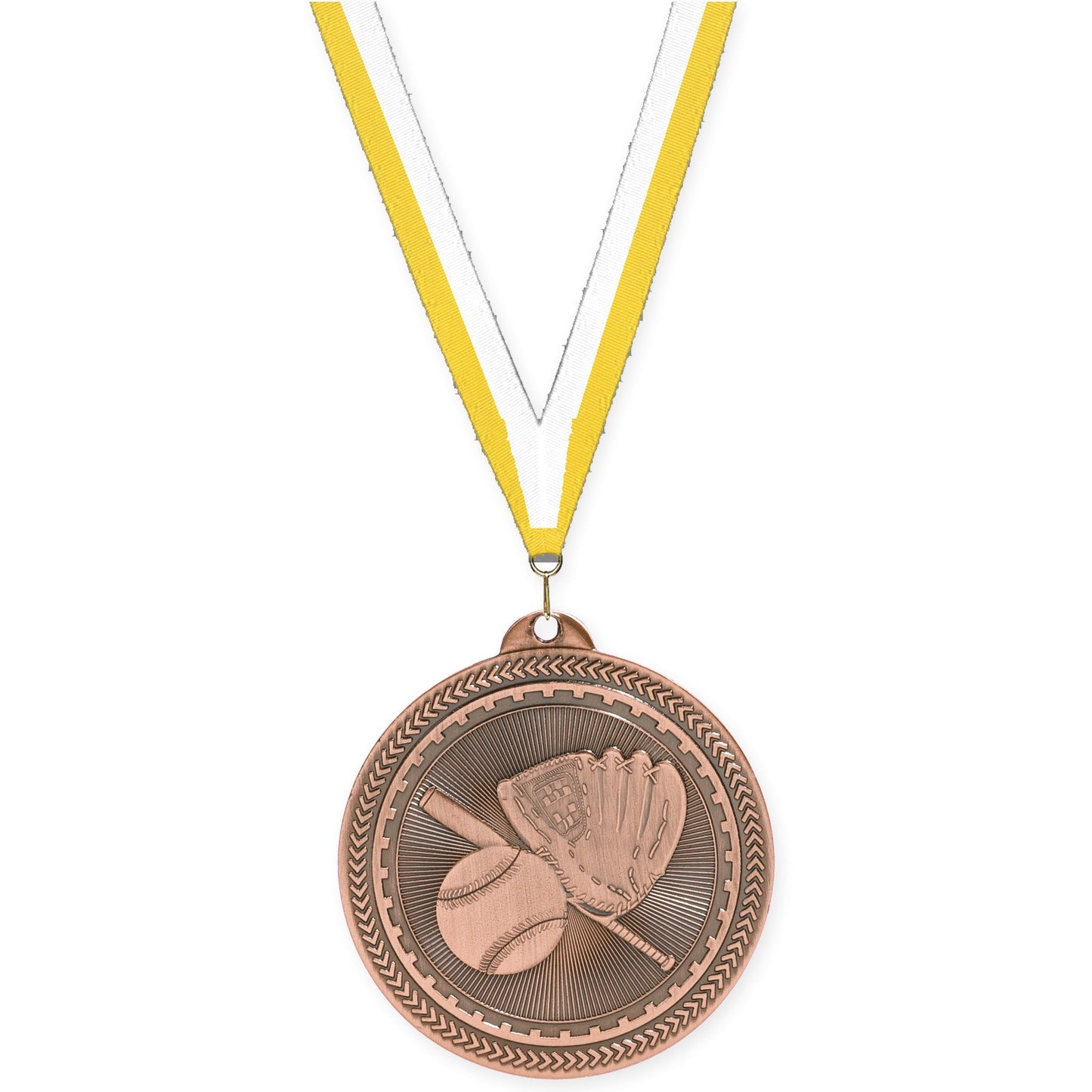 2 inch baseball and softball Sunburst medal in antique bronze with Yellow White neck ribbon
