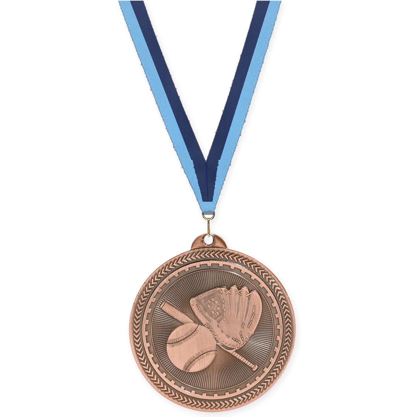 2 inch baseball and softball Sunburst medal in antique bronze with Light Blue Navy neck ribbon