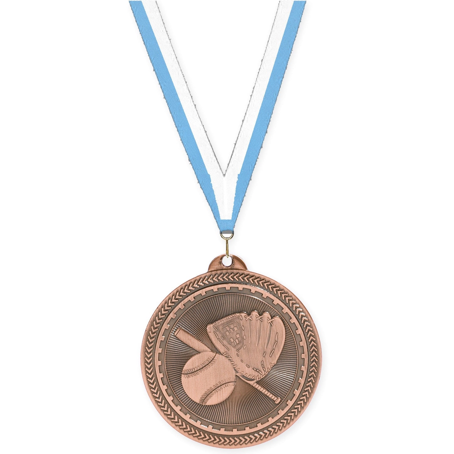 2 inch baseball and softball Sunburst medal in antique bronze with Light Blue White neck ribbon