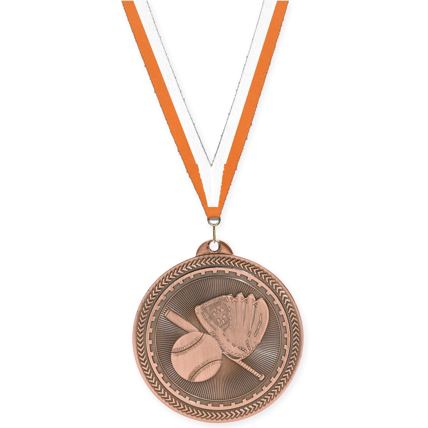 2 inch baseball and softball Sunburst medal in antique bronze with Orange White neck ribbon