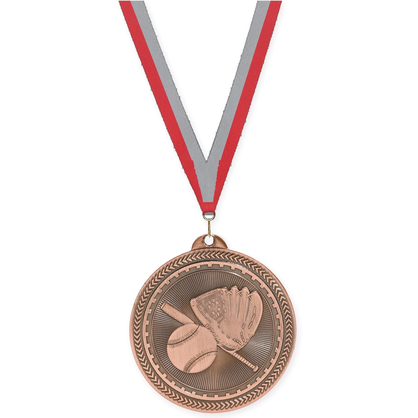 2 inch baseball and softball Sunburst medal in antique bronze with Red Gray neck ribbon
