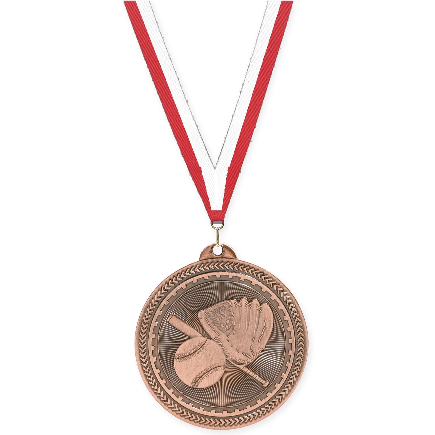 2 inch baseball and softball Sunburst medal in antique bronze with Red White neck ribbon