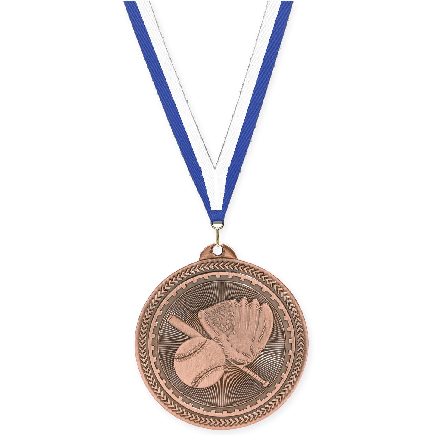 2 inch baseball and softball Sunburst medal in antique bronze with Blue White neck ribbon