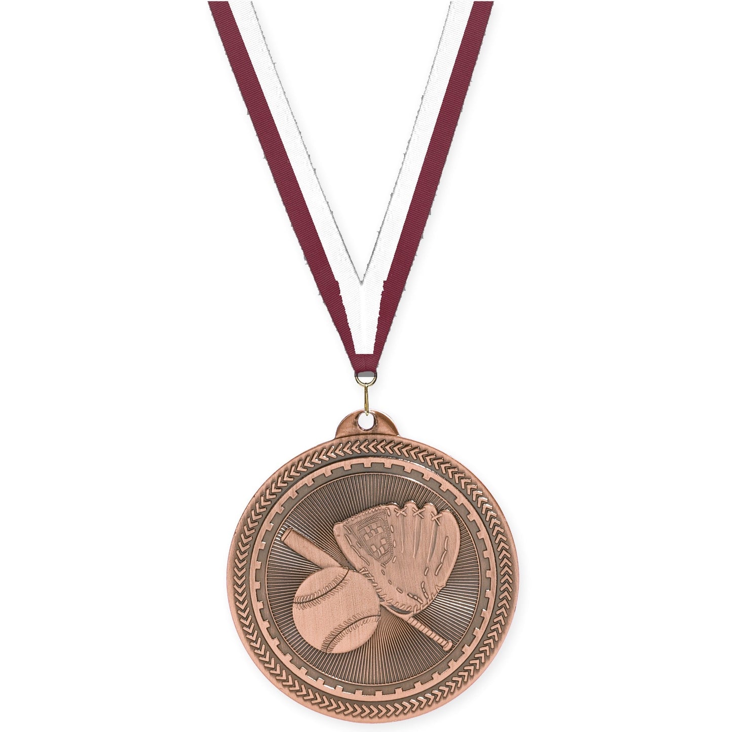 2 inch baseball and softball Sunburst medal in antique bronze with Maroon White neck ribbon