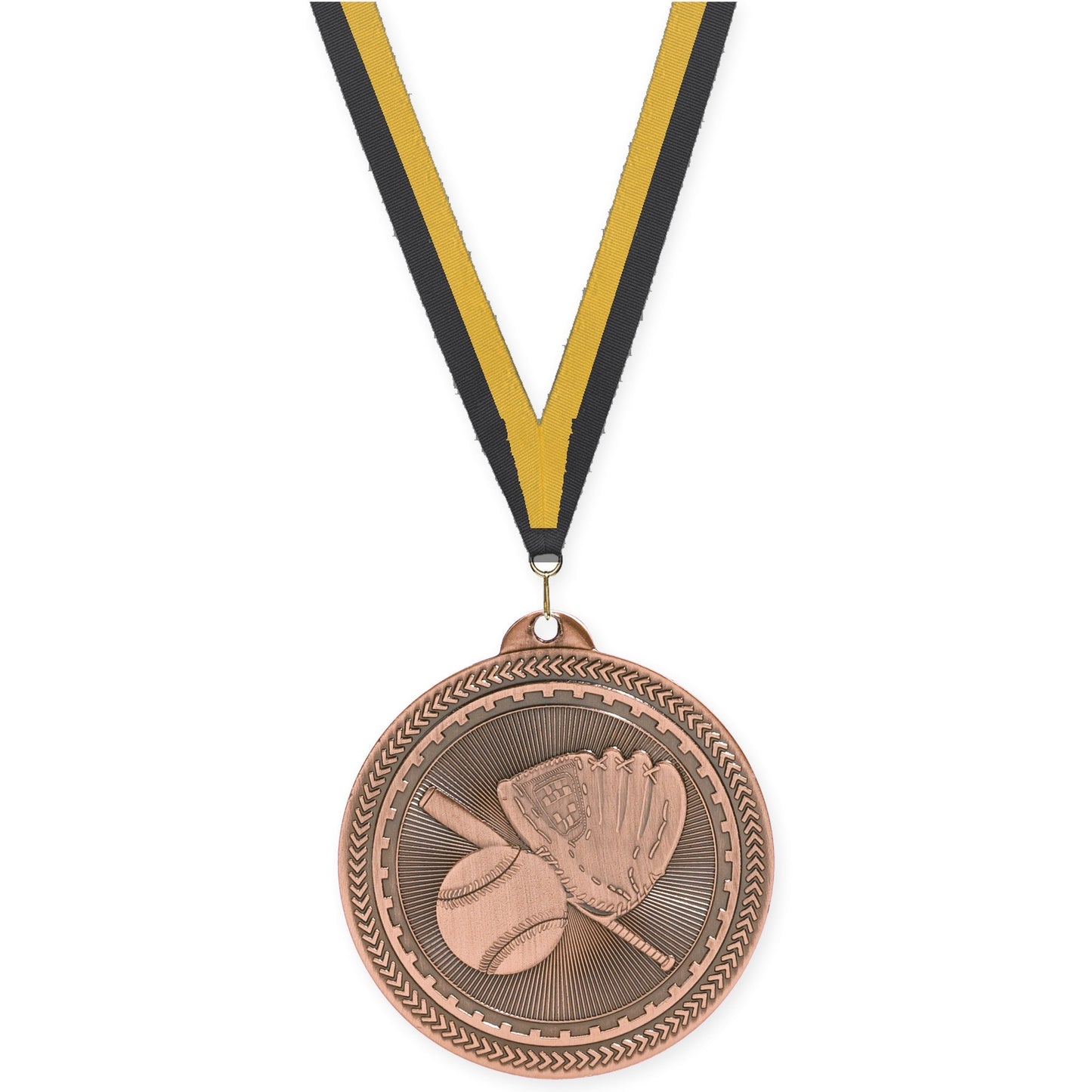 2 inch baseball and softball Sunburst medal in antique bronze with Black Gold neck ribbon