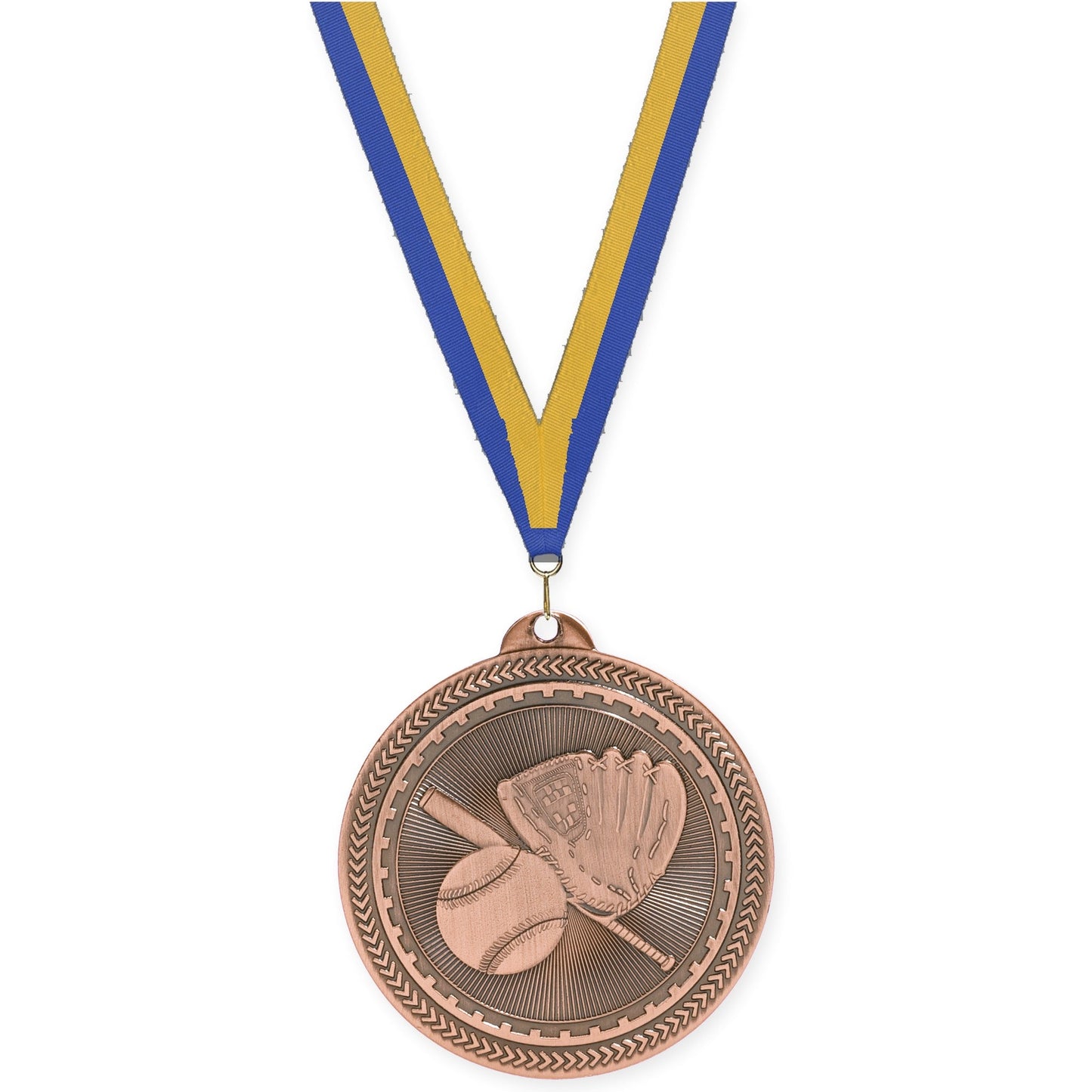 2 inch baseball and softball Sunburst medal in antique bronze with Blue Gold neck ribbon