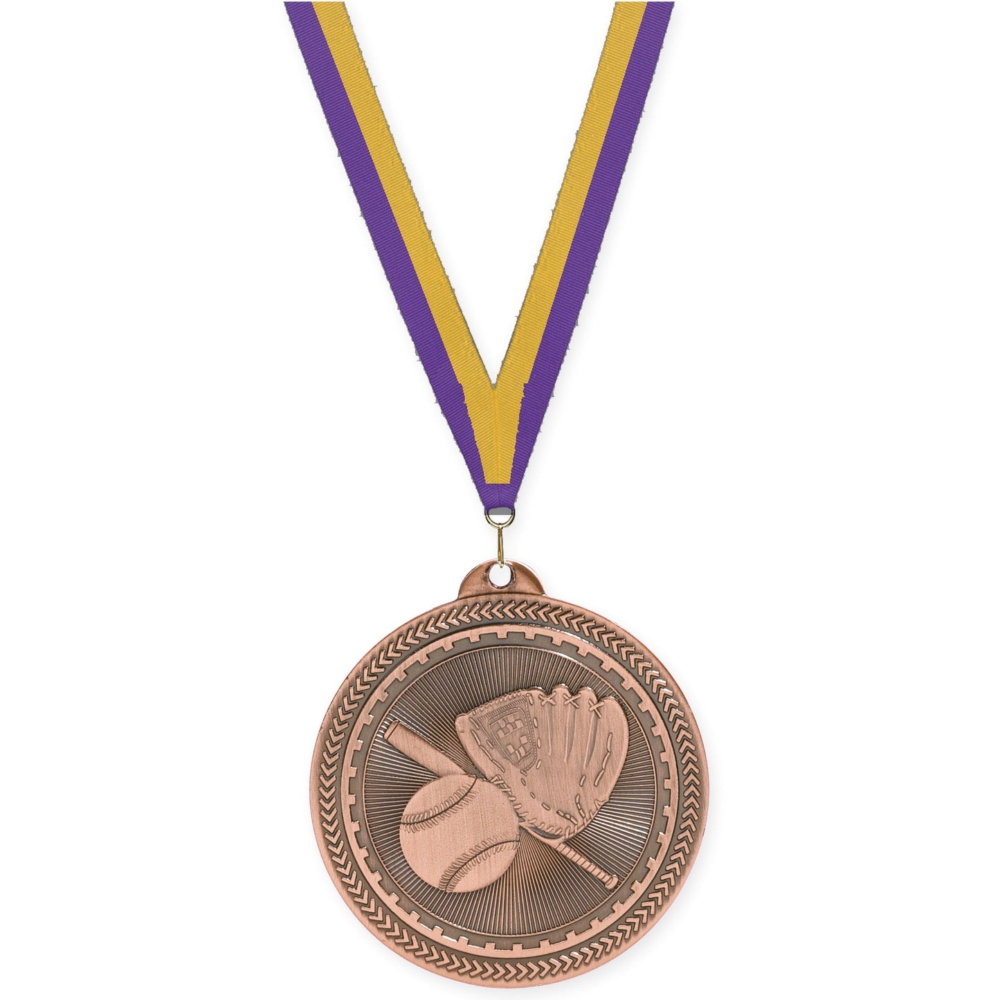 2 inch baseball and softball Sunburst medal in antique bronze with Purple Gold neck ribbon