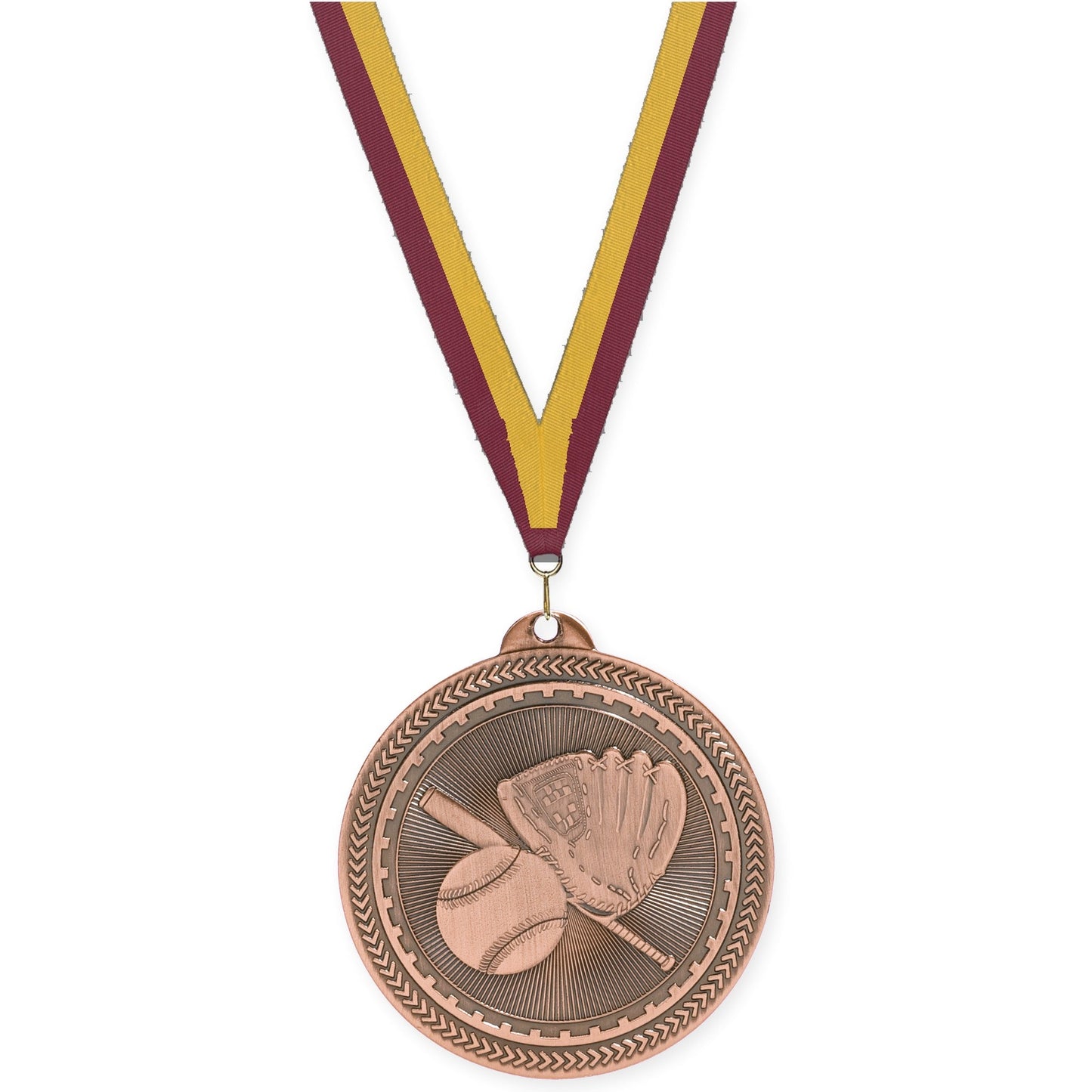 2 inch baseball and softball Sunburst medal in antique bronze with Maroon Gold neck ribbon