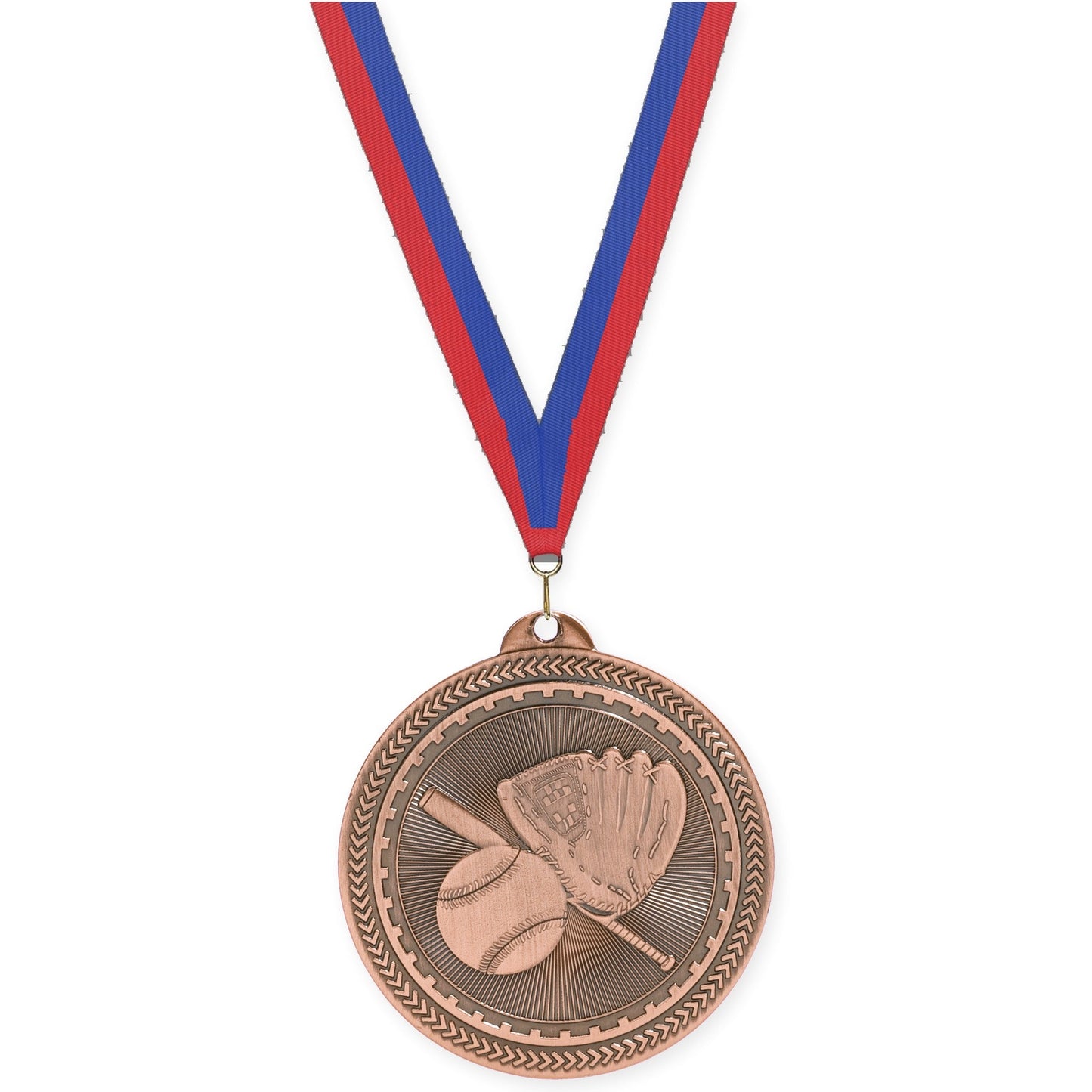 2 inch baseball and softball Sunburst medal in antique bronze with Blue Red neck ribbon
