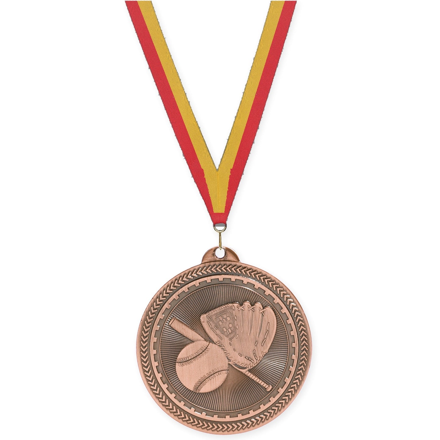 2 inch baseball and softball Sunburst medal in antique bronze with Red Gold neck ribbon