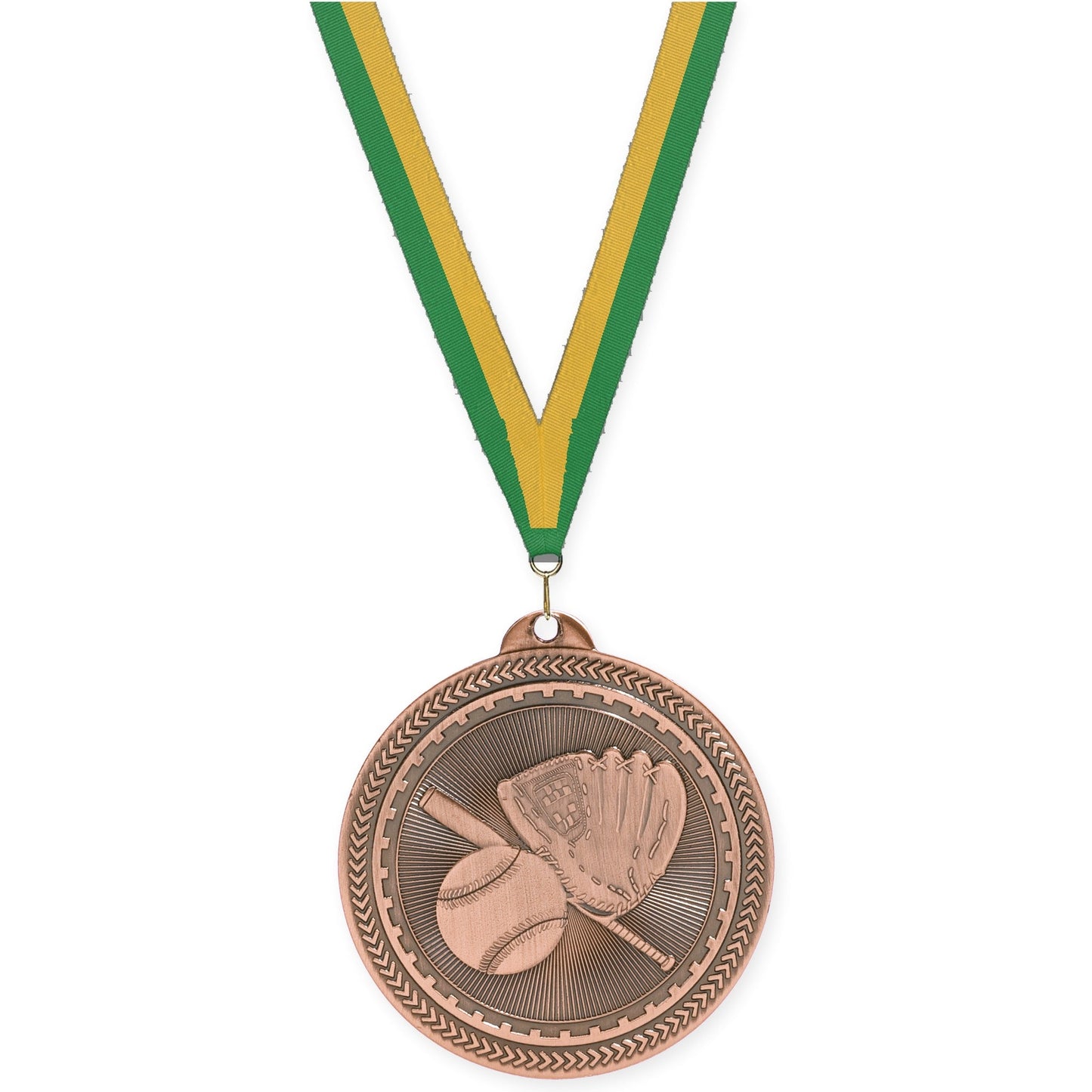 2 inch baseball and softball Sunburst medal in antique bronze with Green Gold neck ribbon
