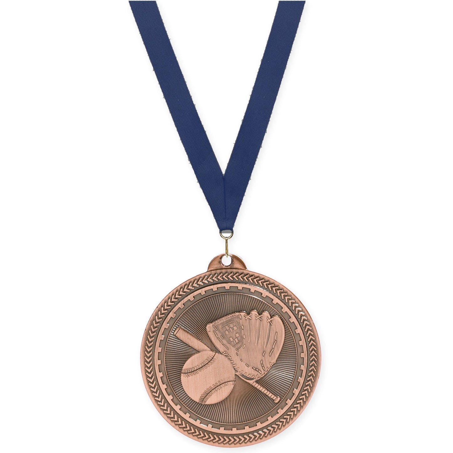 2 inch baseball and softball Sunburst medal in antique bronze with Navy neck ribbon