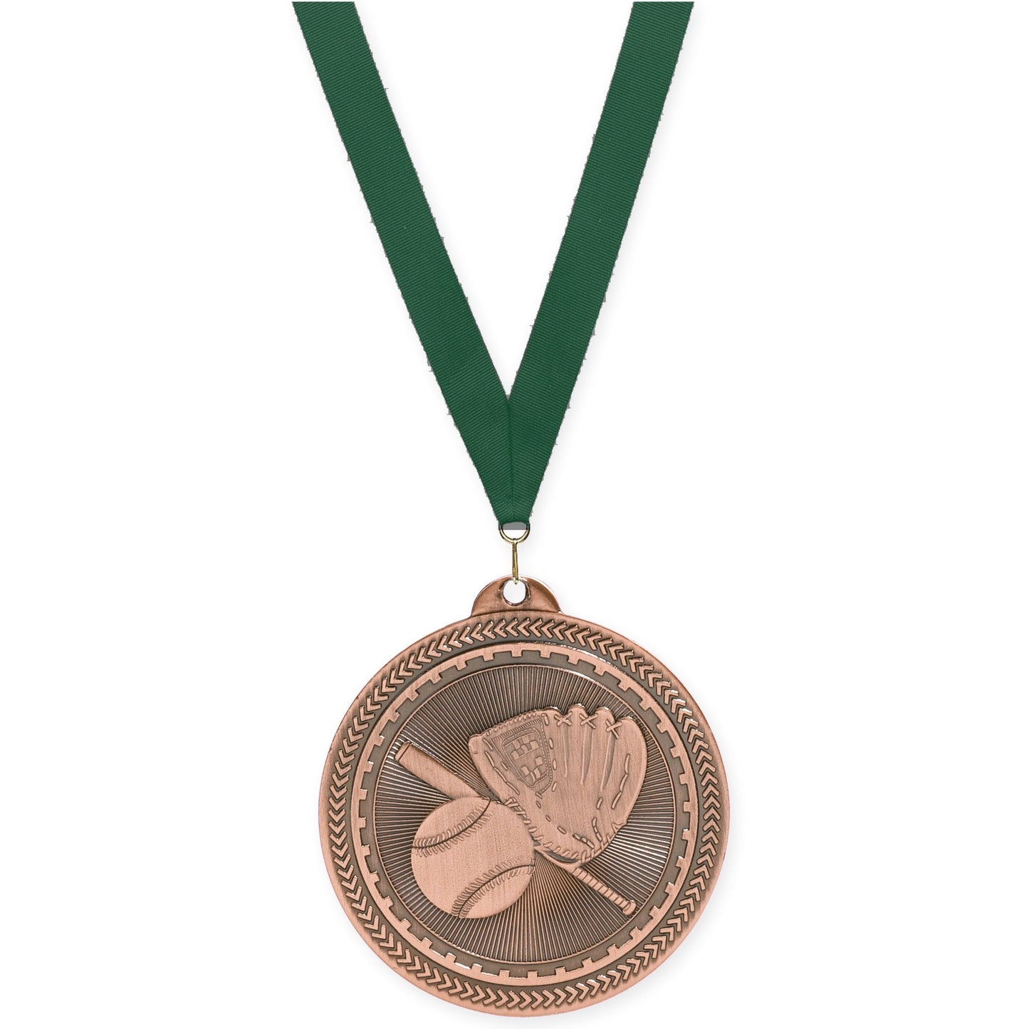 2 inch baseball and softball Sunburst medal in antique bronze with Hunter Green neck ribbon