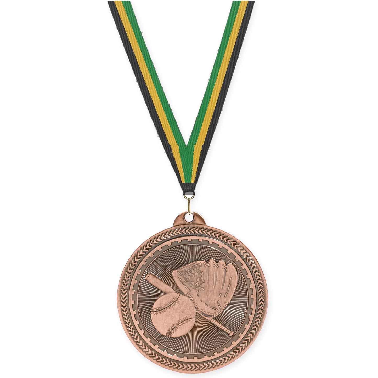 2 inch baseball and softball Sunburst medal in antique bronze with Black Gold Green neck ribbon