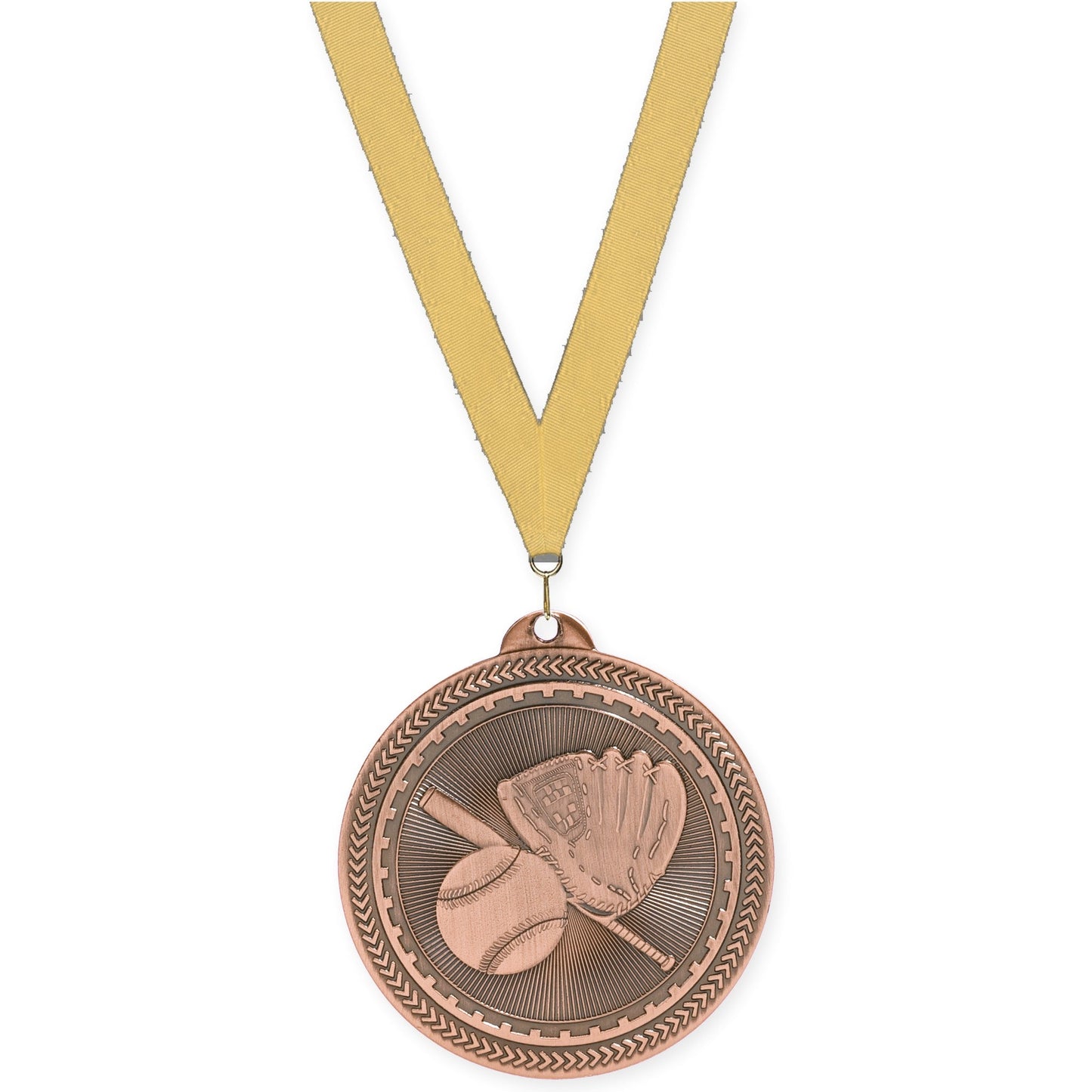 2 inch baseball and softball Sunburst medal in antique bronze with Gold Metallic neck ribbon