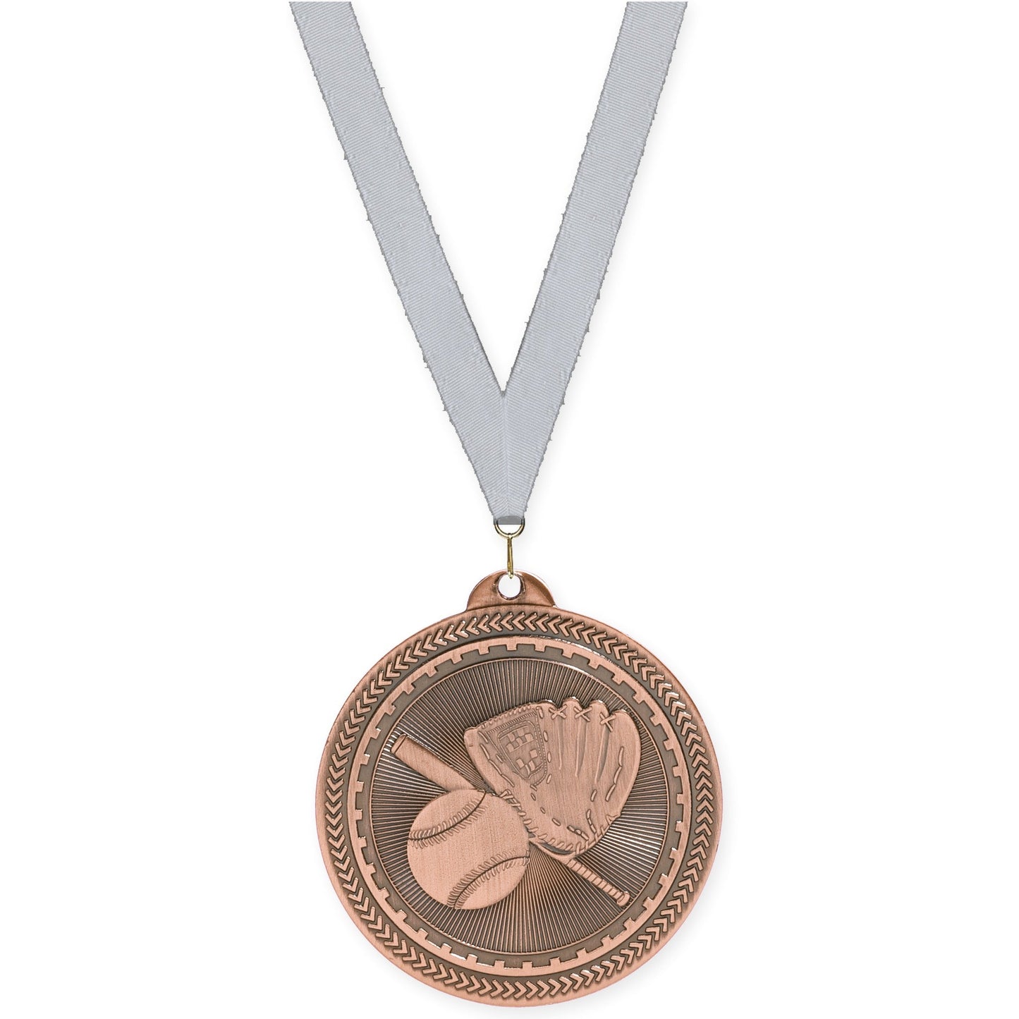 2 inch baseball and softball Sunburst medal in antique bronze with Silver Metallic neck ribbon