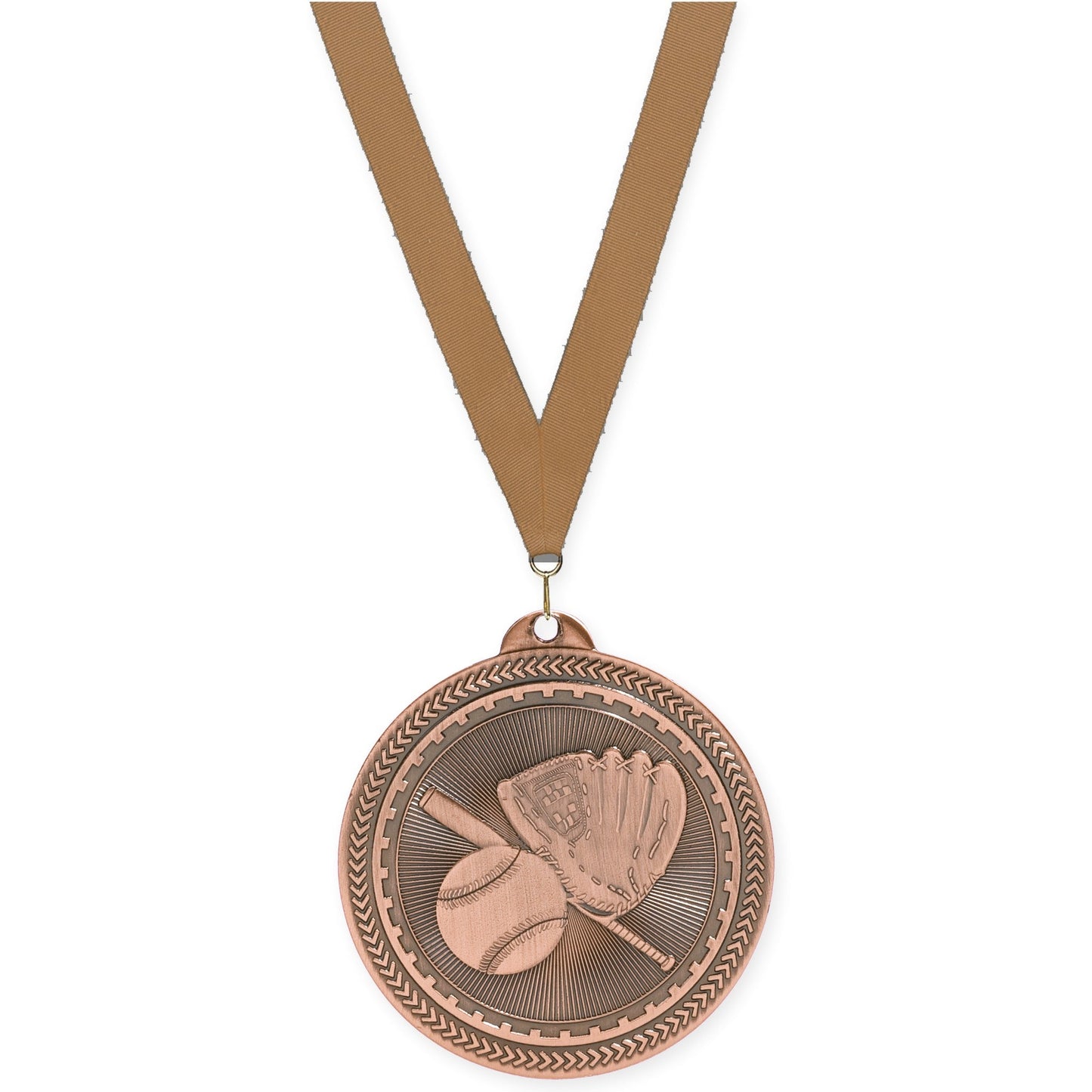 2 inch baseball and softball Sunburst medal in antique bronze with Bronze Metallic neck ribbon