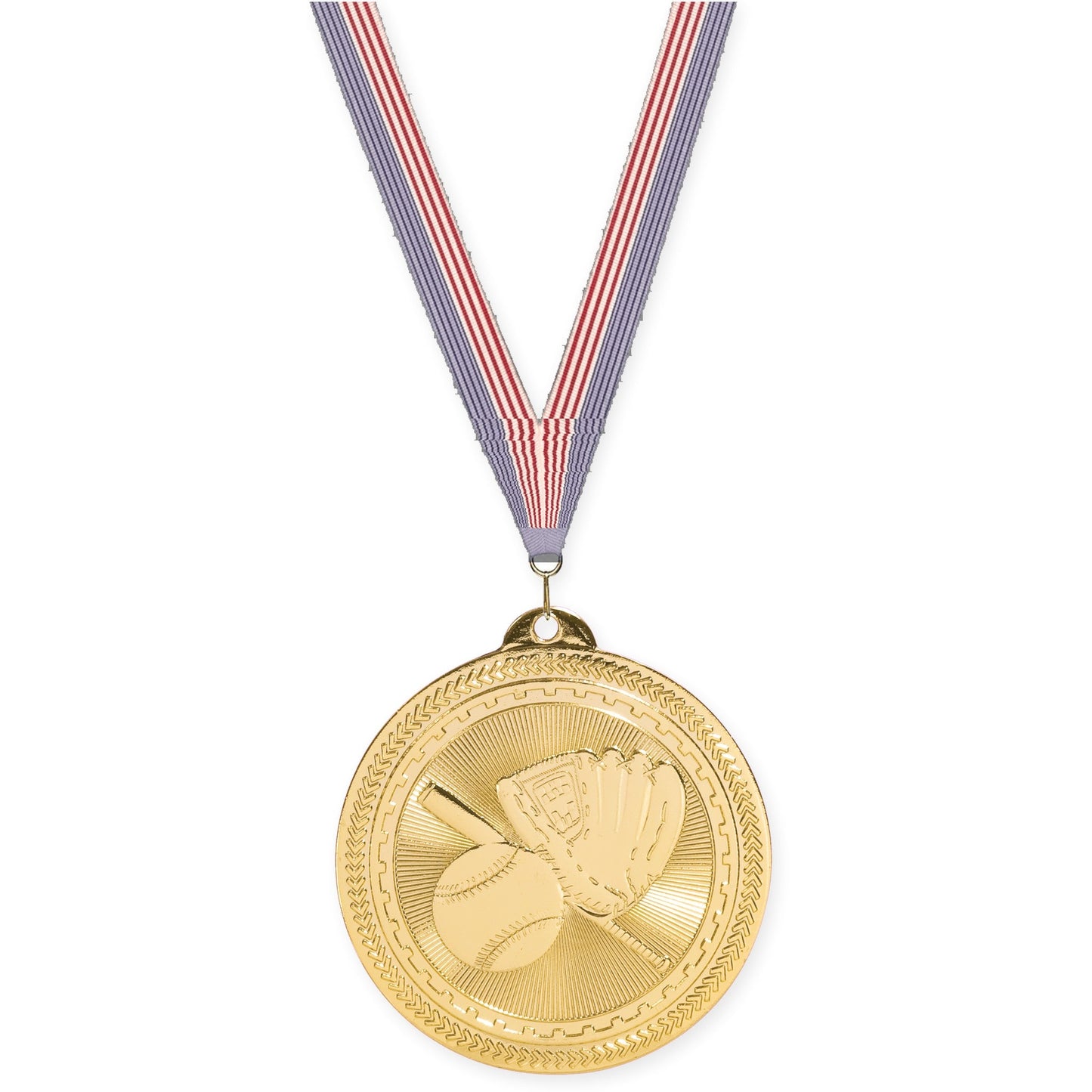 2 inch baseball and softball Sunburst medal in bright gold with USA Flag neck ribbon