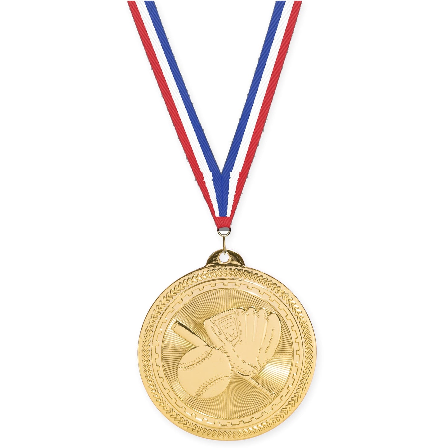 2 inch baseball and softball Sunburst medal in bright gold with Red White Blue neck ribbon