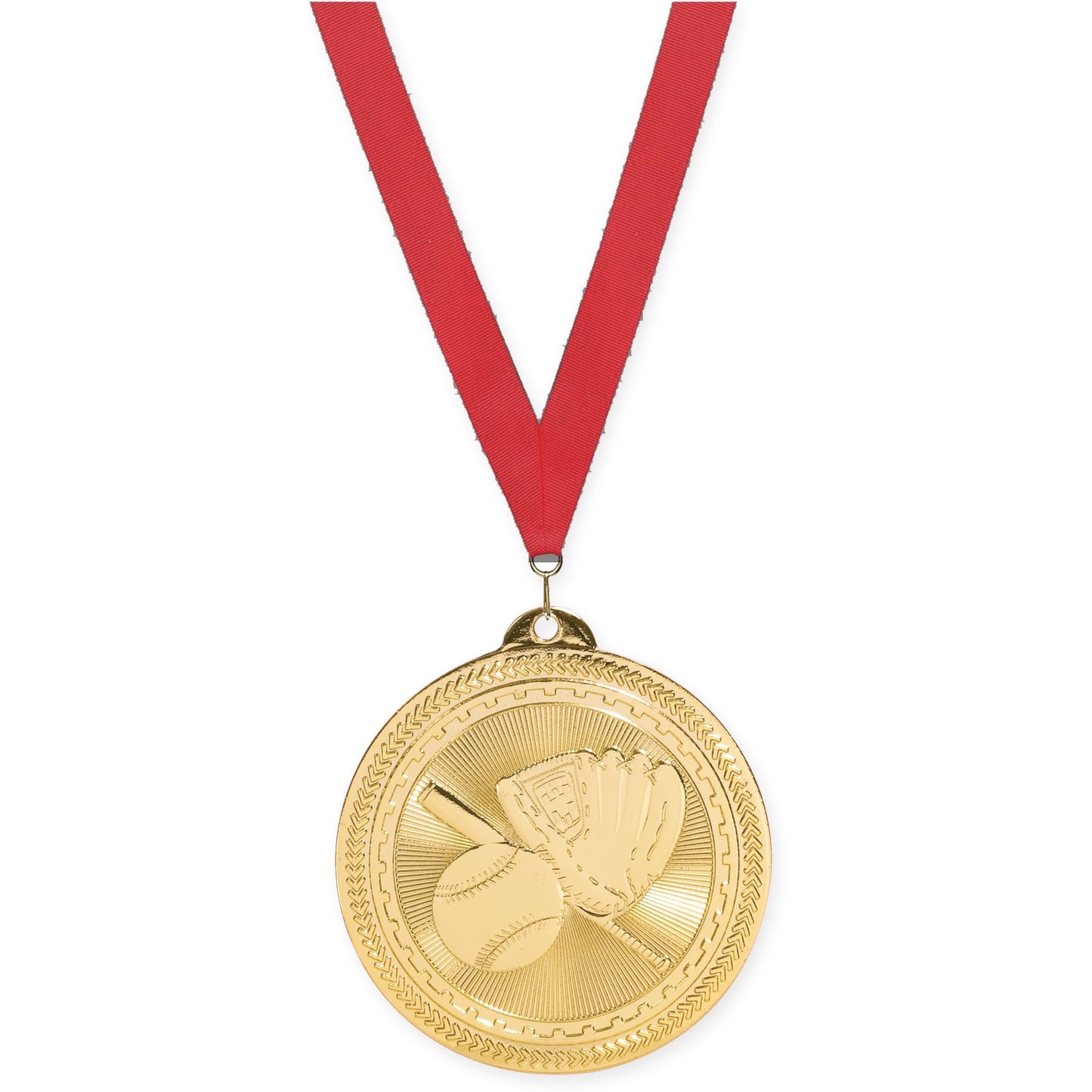 2 inch baseball and softball Sunburst medal in bright gold with Red neck ribbon