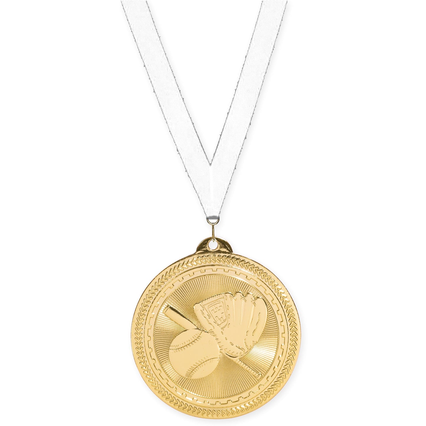 2 inch baseball and softball Sunburst medal in bright gold with White neck ribbon