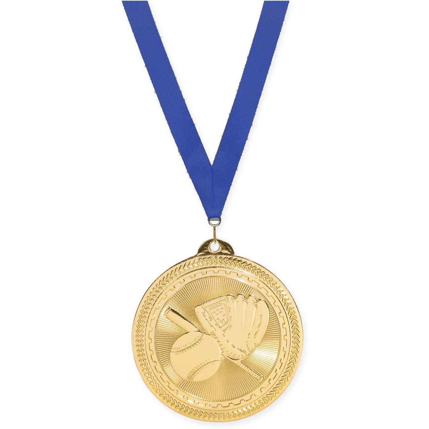2 inch baseball and softball Sunburst medal in bright gold with Blue neck ribbon