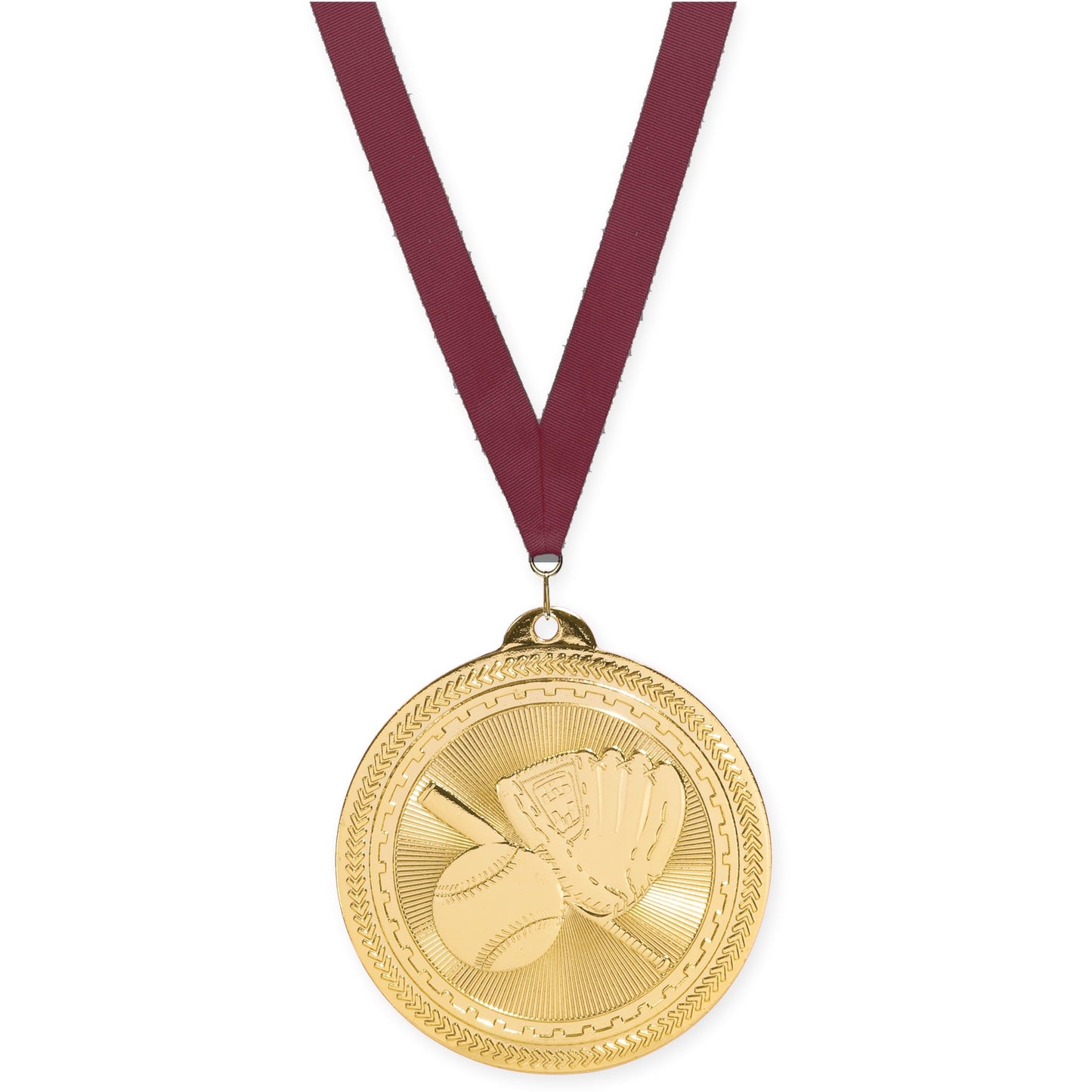2 inch baseball and softball Sunburst medal in bright gold with Maroon neck ribbon