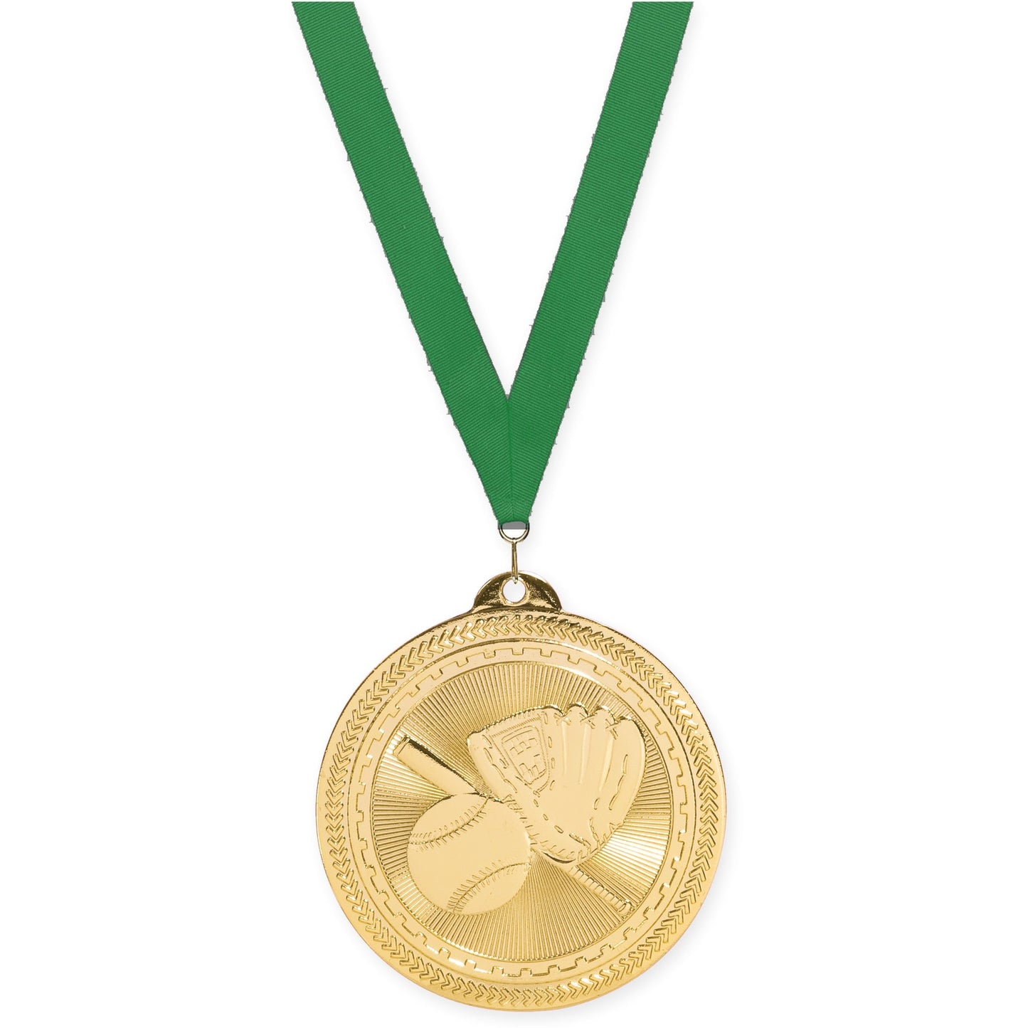 2 inch baseball and softball Sunburst medal in bright gold with Green neck ribbon
