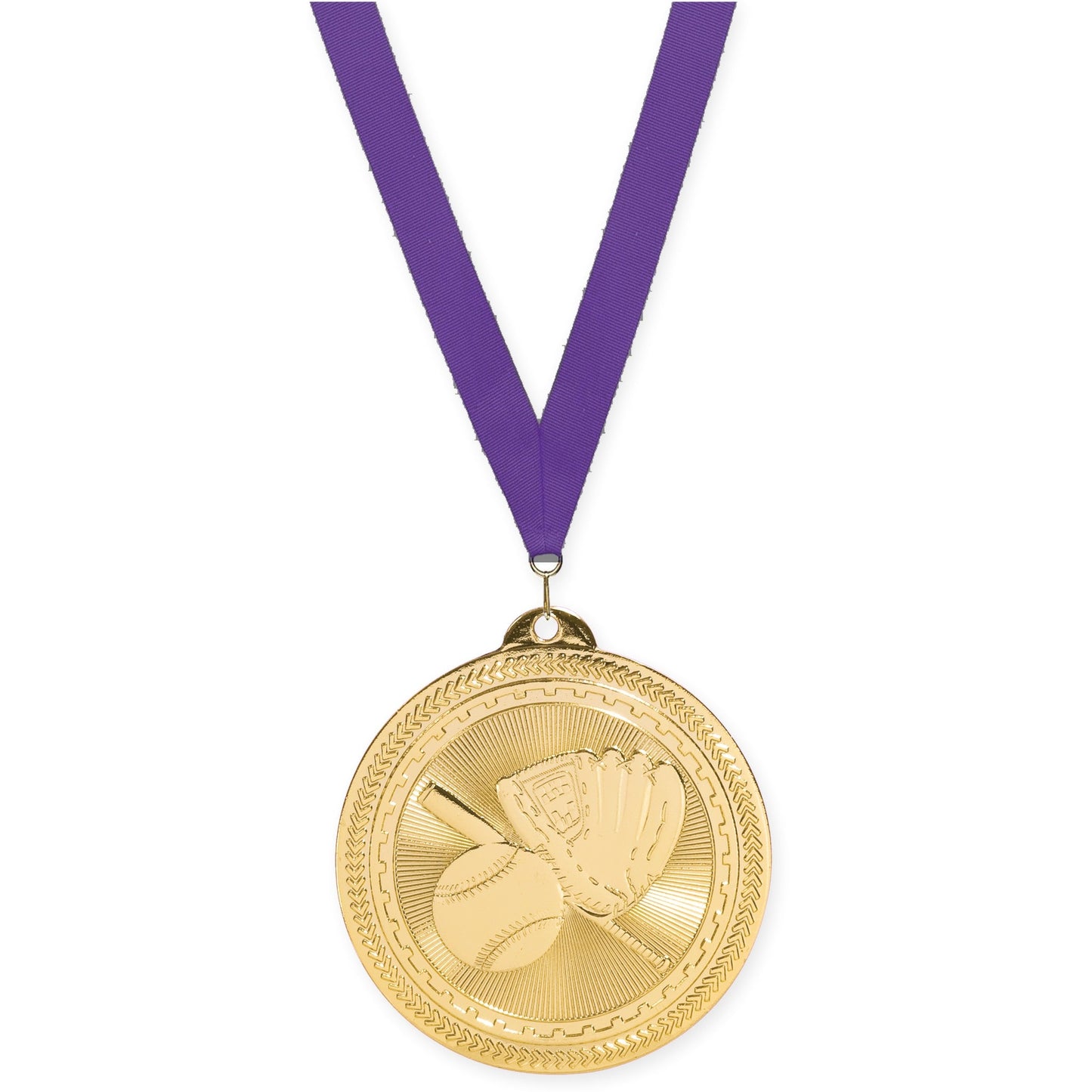 2 inch baseball and softball Sunburst medal in bright gold with Purple neck ribbon
